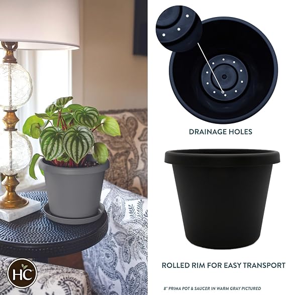 The HC Companies 12 Inch Round Prima Planter - Plastic Plant Pot with Rolled Rim for Indoor Outdoor Plants Flowers Herbs, Black
