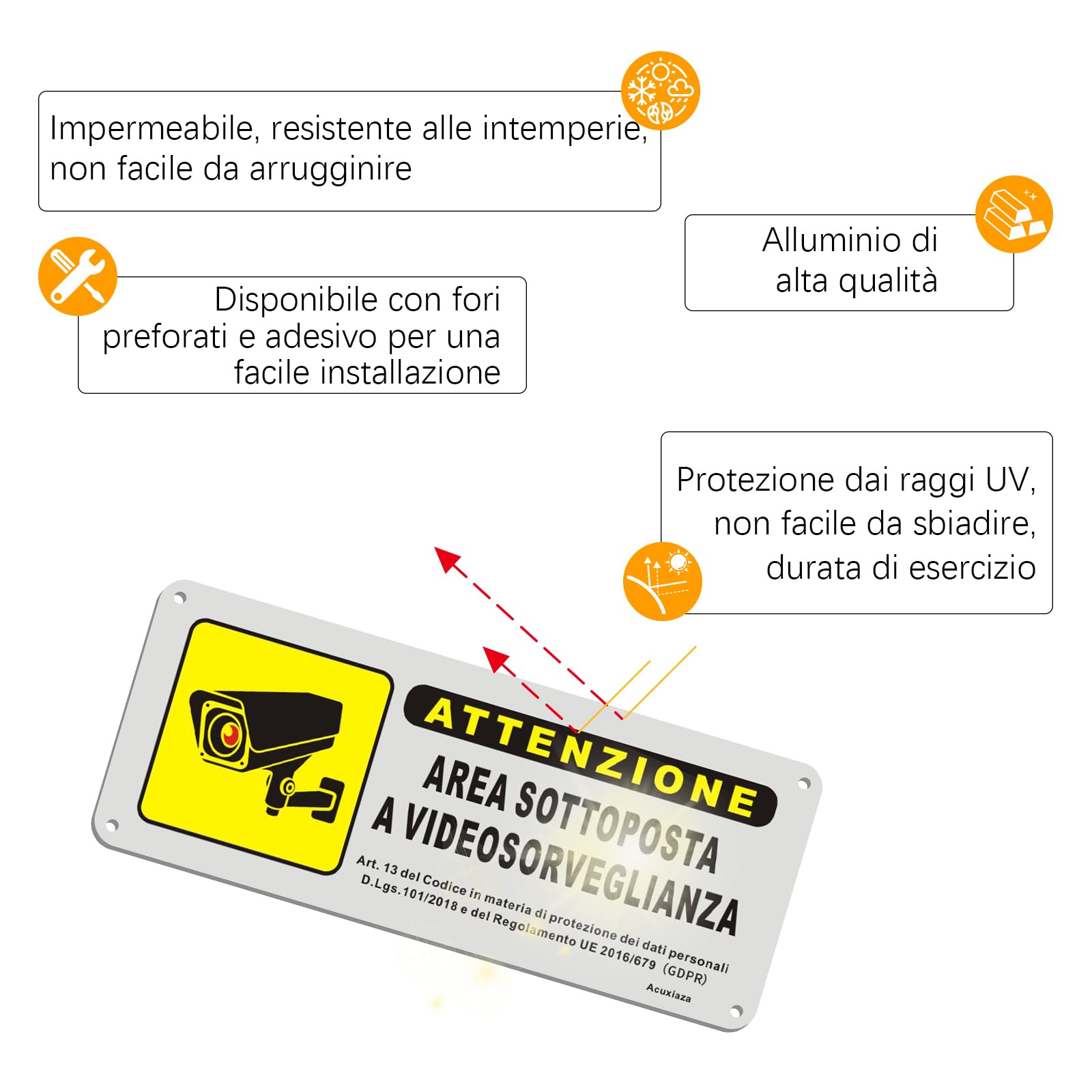 REIGY Cartello Area Videosorvegliata Alluinio Da Esterno 15x15 C, 2pcs Area Sottoposta A - Foto 3