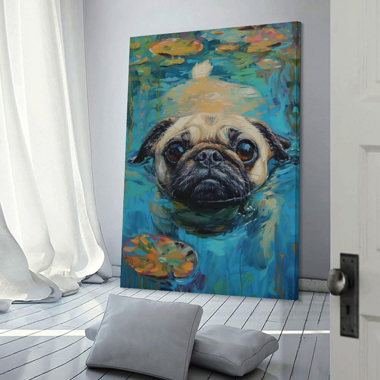 Junmoney Decorative Canvas Print Pug Swimming in Water Lilies, 12x18inch(30x45cm), for New Homes, Bedrooms Or Workspaces, Thoughtful Wall Decor for Art Lovers