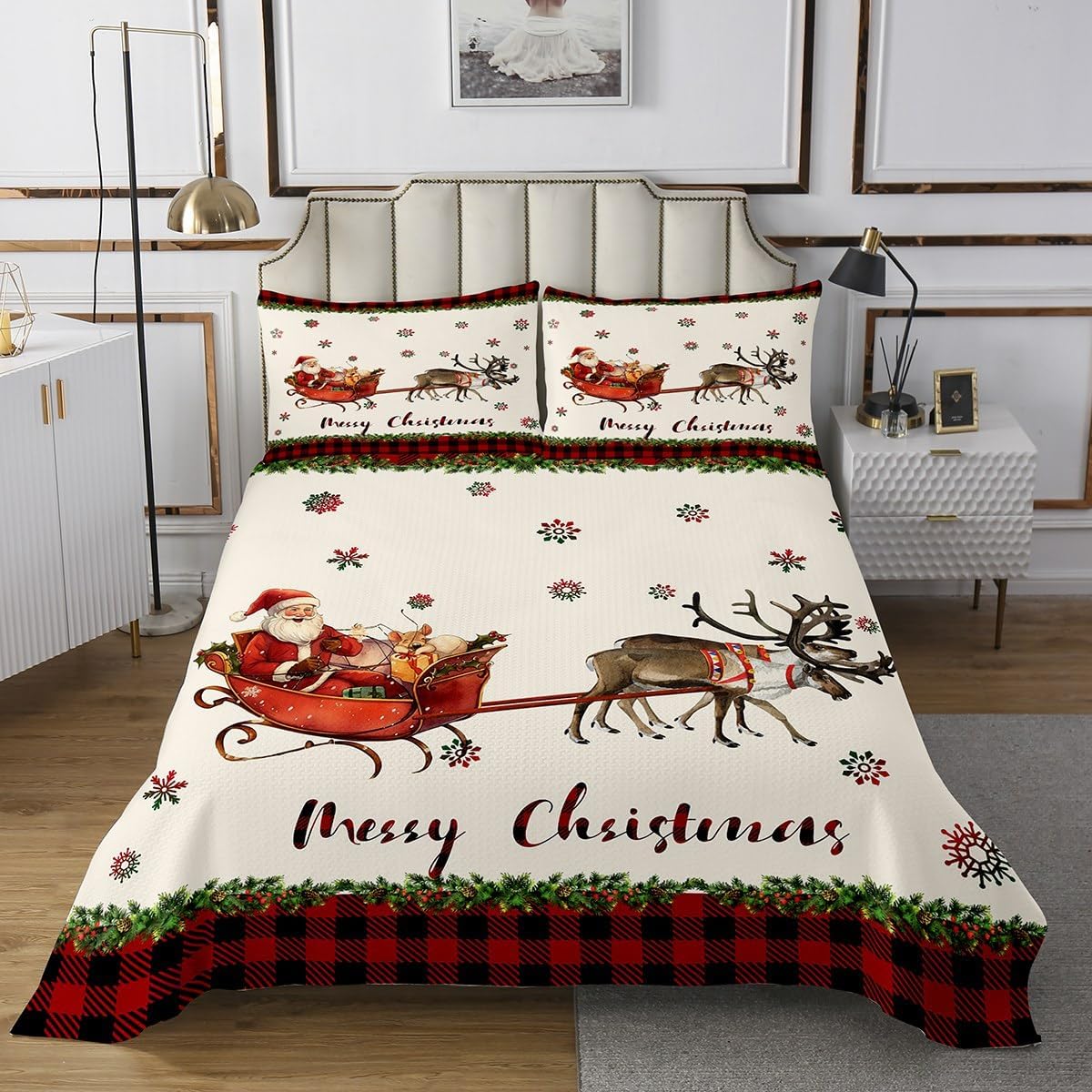 Erosebridal Xmas Deer Bedspread Twin Size Christmas Quilt Set Cute Santa Claus Coverlet Set Merry Christmas Printed Bedding Set Kids Cartoon Bedspread & Coverlet Sets Grid Check Snowflake Decor