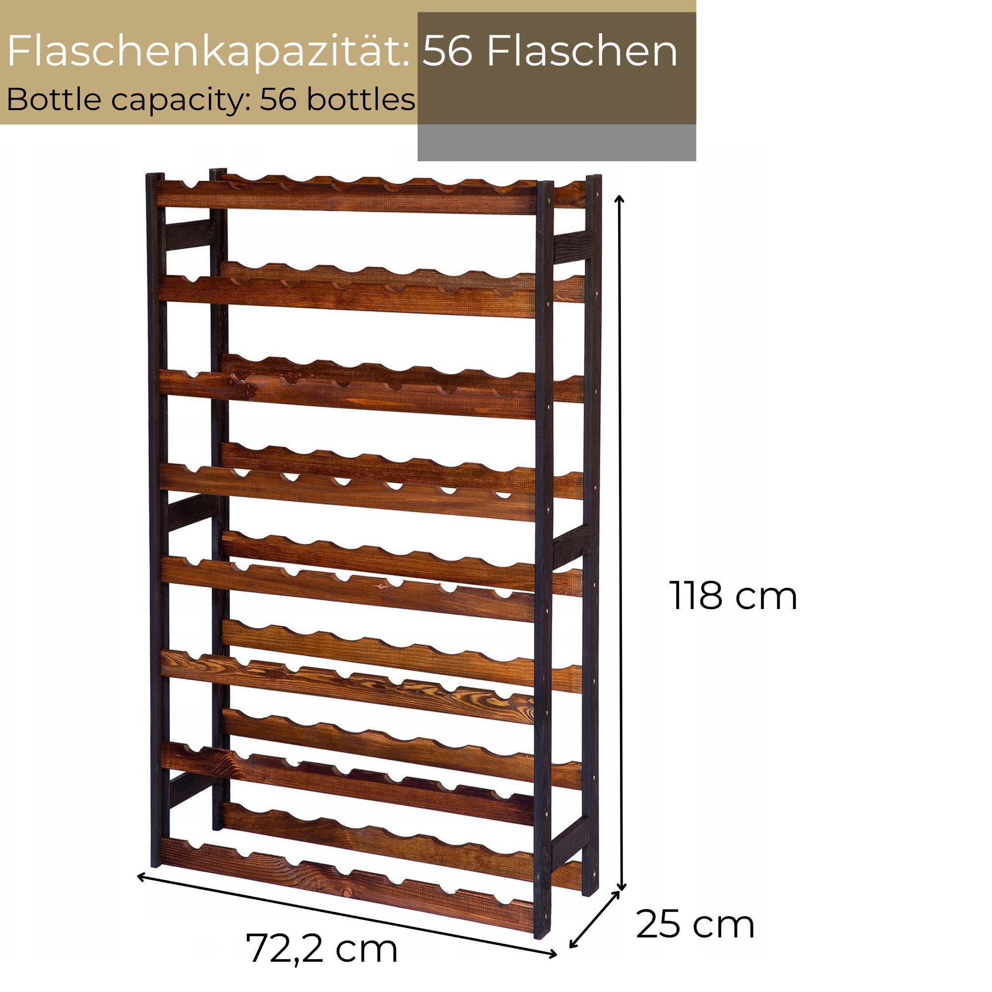 Portabottiglie in Legno per 56 Bottiglie 72,2x118x25 cm Nero/Marrone Naturale Caffale Vino Cantinetta Porta Bottiglie da Terra
