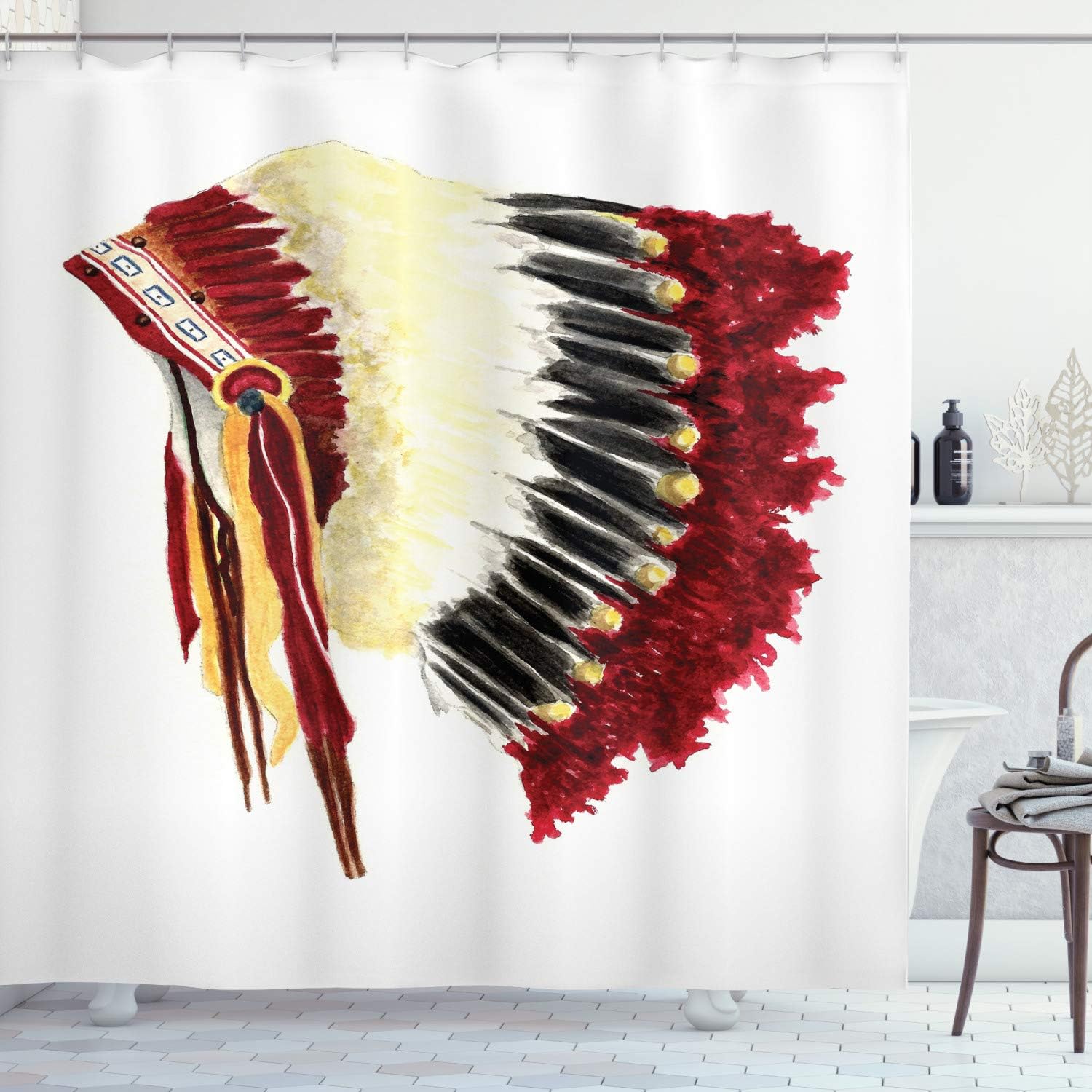 Ambesonne Tribal Shower Curtain, Original Symbolic Eagle Feather Headdress Native Life Style, Cloth Fabric Bathroom Decor Set with Hooks, 69" W x 70" L, White Black
