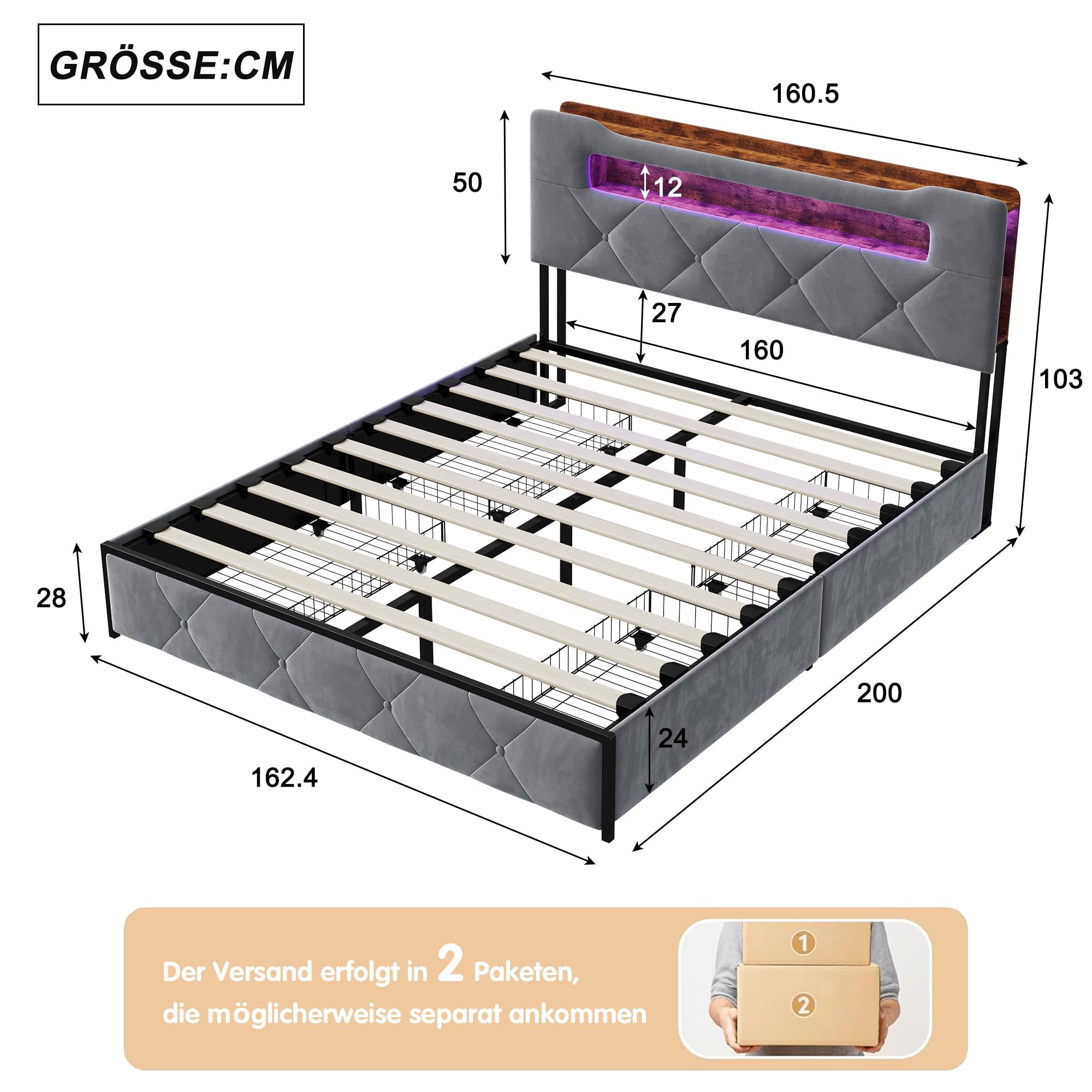 CDQL Łóżko tapicerowane podwójne 160 x 200 cm z 4 szufladami, łóżko młodzieżowe ze złączem USB i oświetleniem LED, zagłówek ze schowkiem, łóżko dla gości, łóżko funkcyjne, aksamit, szare
