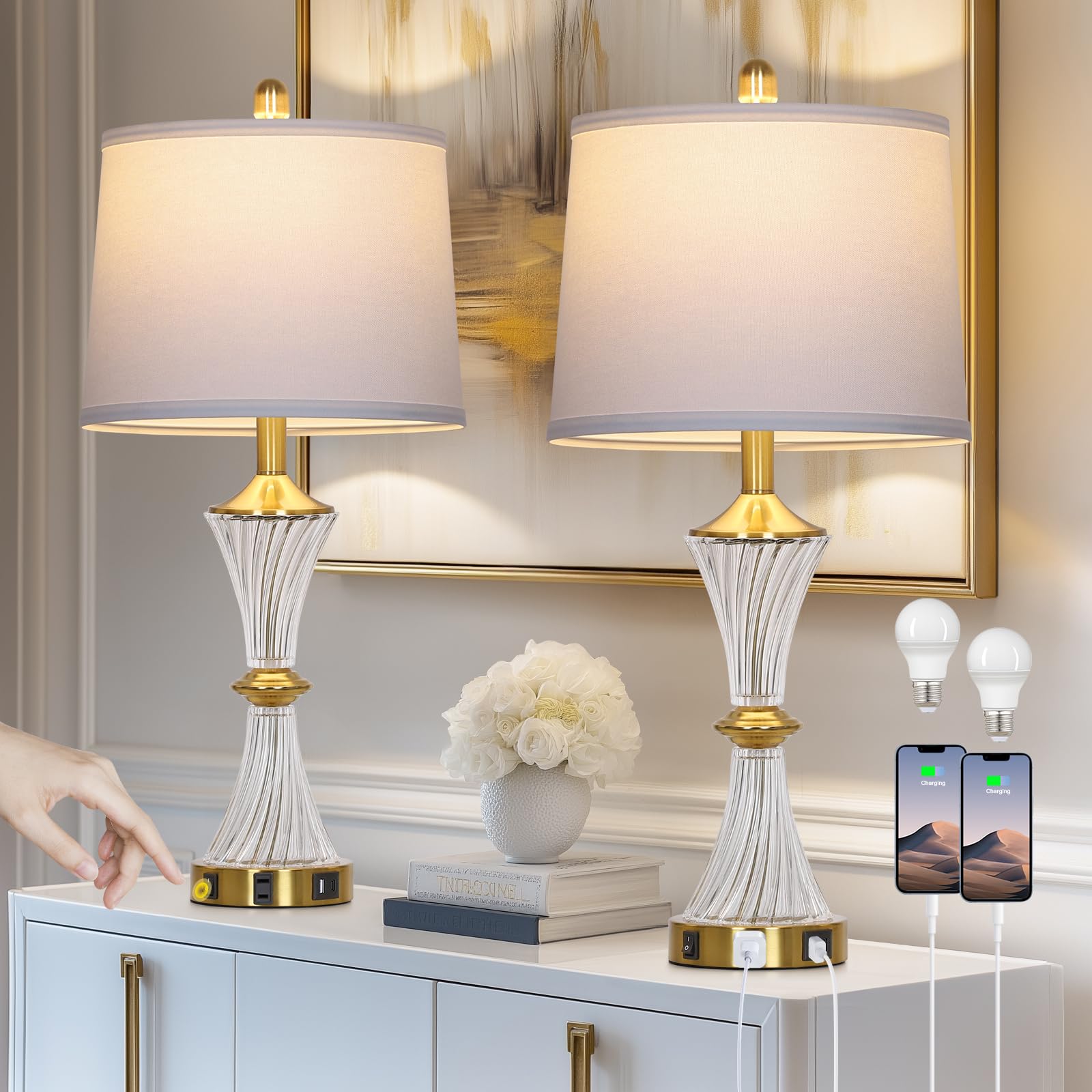 Rinweey Crystal Glass Set of 2 with USB-C & AC Outlet
