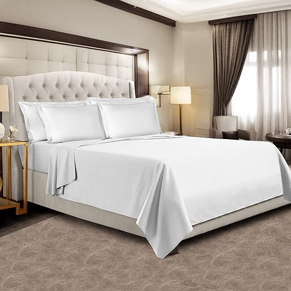 Pizuna Cotton White Super King Size Bedsheet with 2 Pillow Cover, 400 Thread Count, 100% Long Staple Cotton 110x110 Inch King Size Bedsheet, Sateen Bed Cover King Size (White Bed Sheet Set)