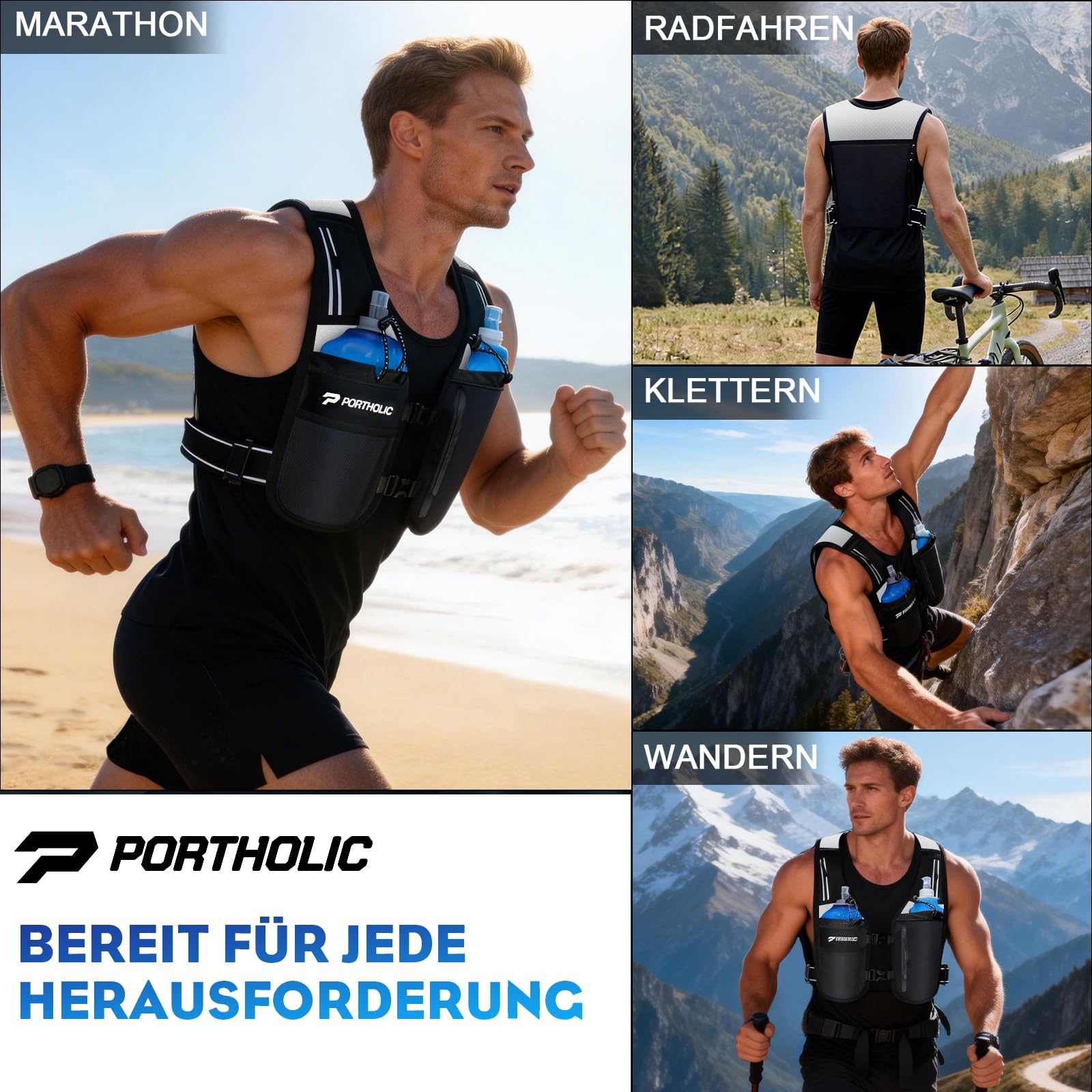 PORTHOLIC Gilet da corsa da uomo e donna, con 2 bottiglie da 500 ml, luce a LED, riflettente a 360°, impermeabile, leggero e regolabile, per jogging, trail running, trekking, maratona