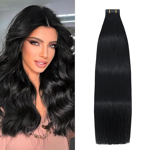 Extensiones de cabello adhesivas, sedosas y lacias, color 1 negro azabache, 100% Remy, para mujeres de moda, 20 unidades por paquete (16 pulgadas,