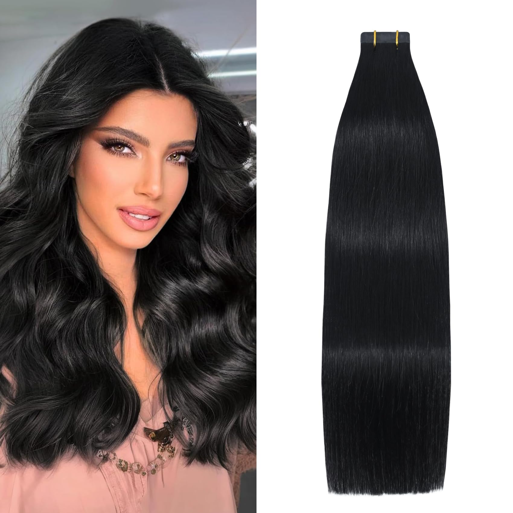 Aison Jet Black Tape in Hair Extensions Human Hair 16 Inch 30G Black Invisible Tape in Extensions for Women 20 Pcs/Package