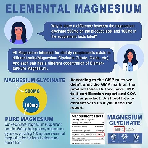 Miniatura 6 de Glicinato de magnesio 500 mg, quelado y purificado, suplemento de magnesio de alta absorción para músculos, huesos, soporte cardíaco, sin gluten,