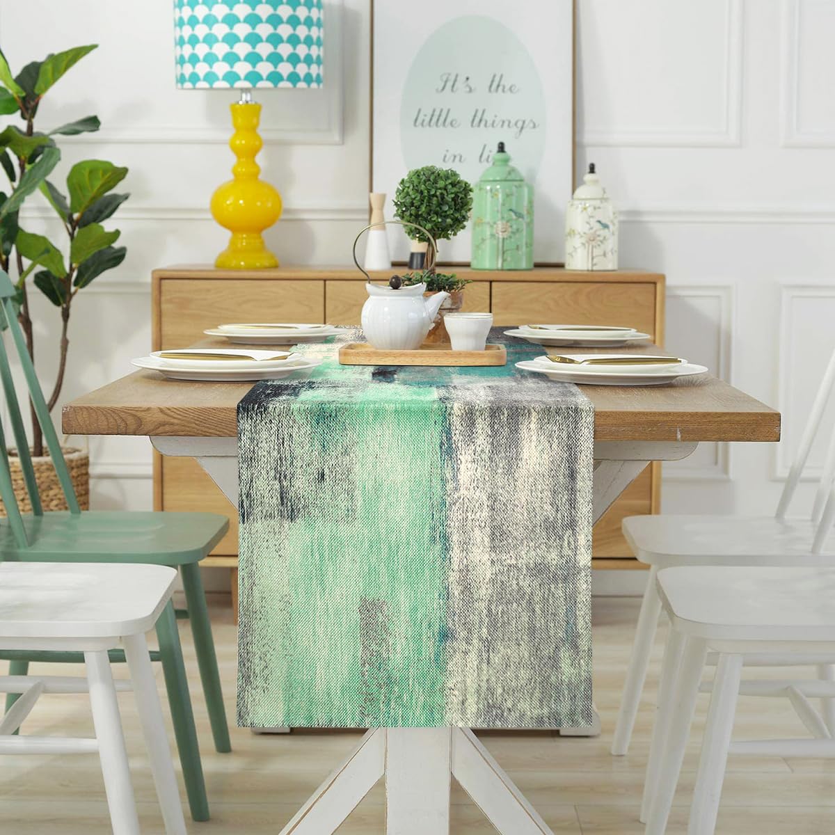 Boho Table Runner Green and Grey Modern Table Decor Spring Summer Table Decorative Cloth for Dinner Xmas Outdoor Holiday Parties Great Gift TV Table Bridal Shower Home 40 cm x 140 cm - Image 4