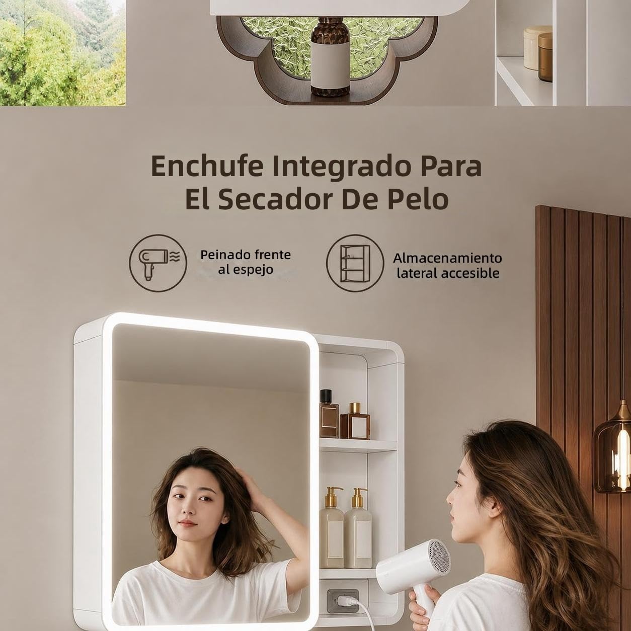 Armario de baño Mural Alto con Espejo Redondo, Cuerpo de Aluminio Espacial, Almacenamiento multinivel, iluminación, Sistema eléctrico antivaho, Control táctil, Enchufe y Barra
