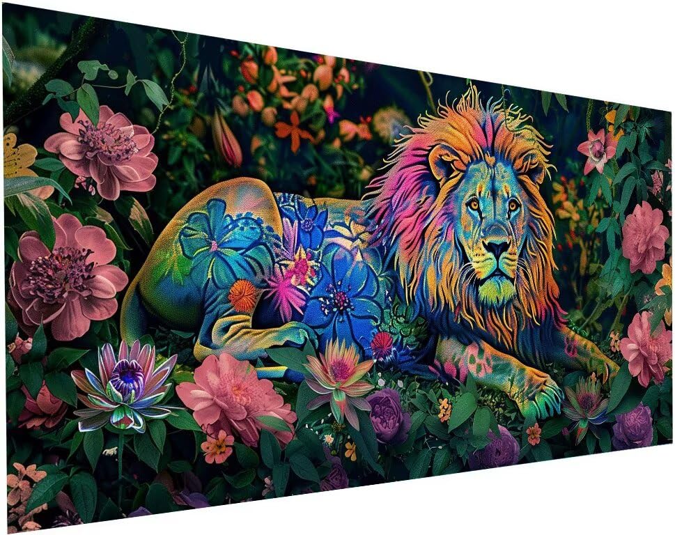 Diamond painting adulte xxl anti-stress : broderie diamant lion 80x160 cm contre l'anxiété