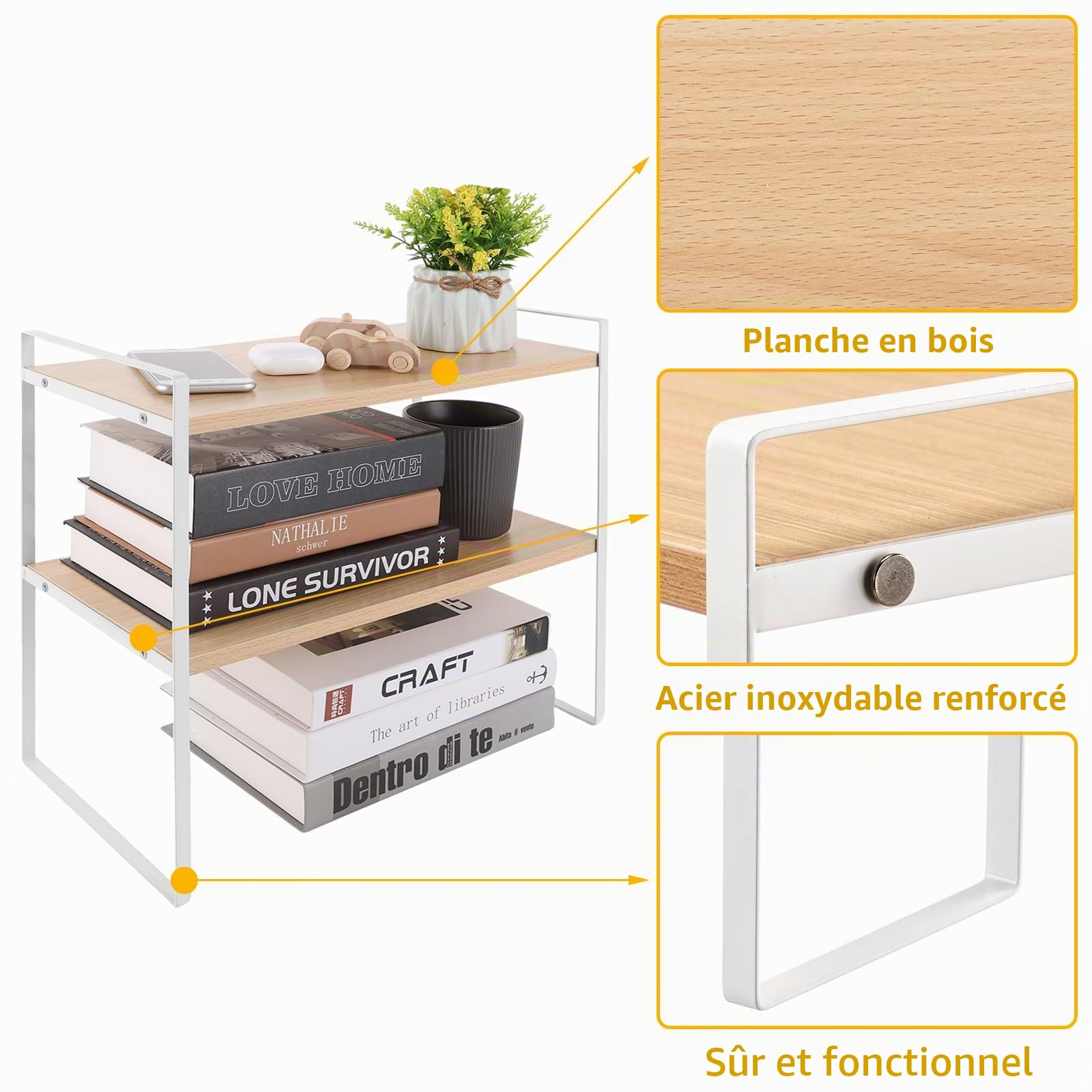Étagère de bureau en bois, 40 x 20 x 36 cm, à 2 étages, multifonctionnelle, blanche, pour la maison, le bureau, l'école
