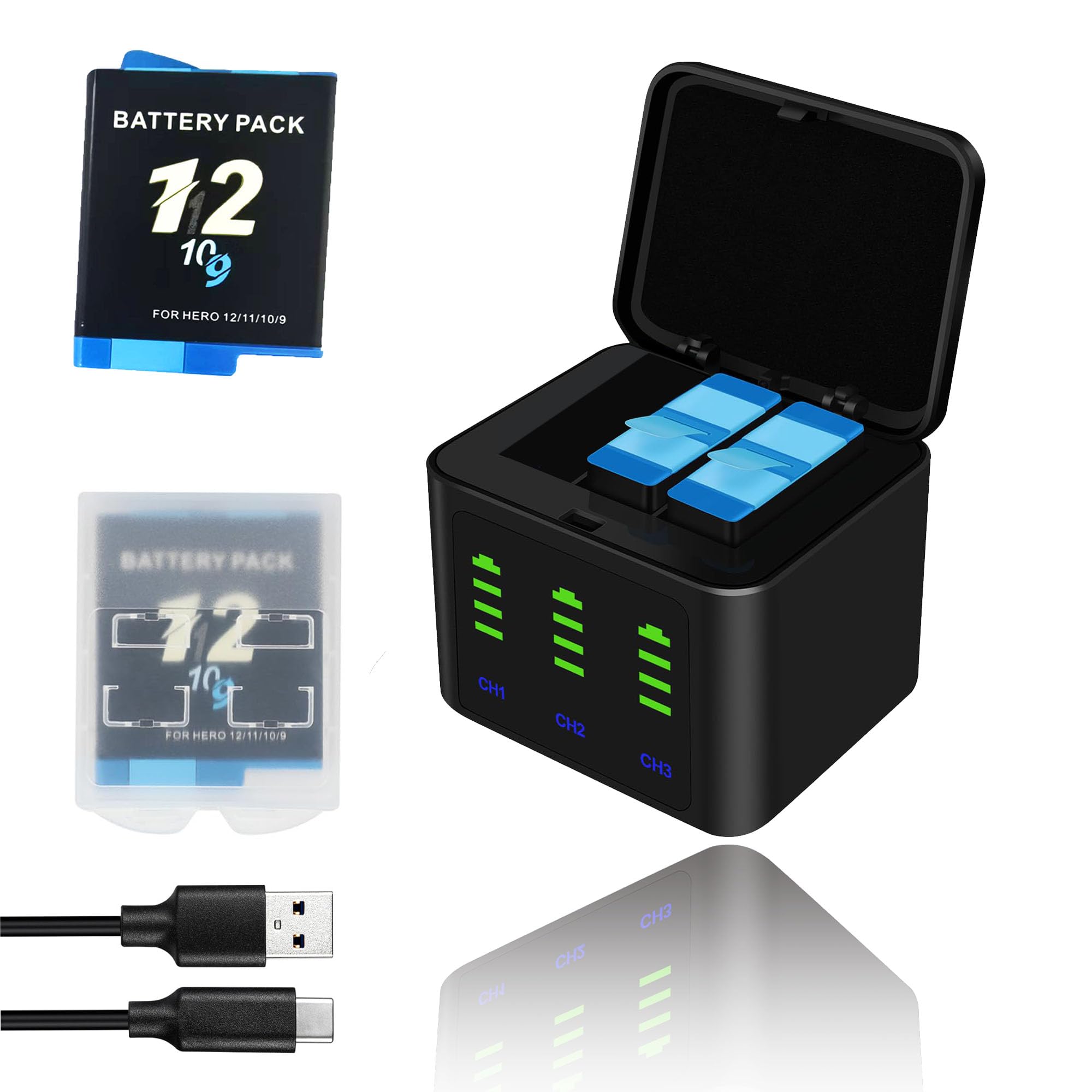 Battery Charger Kit for GoPro Hero 12 11 10 9 Black – 2×2000mAh Batteries & Smart 3-Slot Charging Case, LED 4-Bar Display, Type-C & USB-A Fast Charging, Long Charging Cable