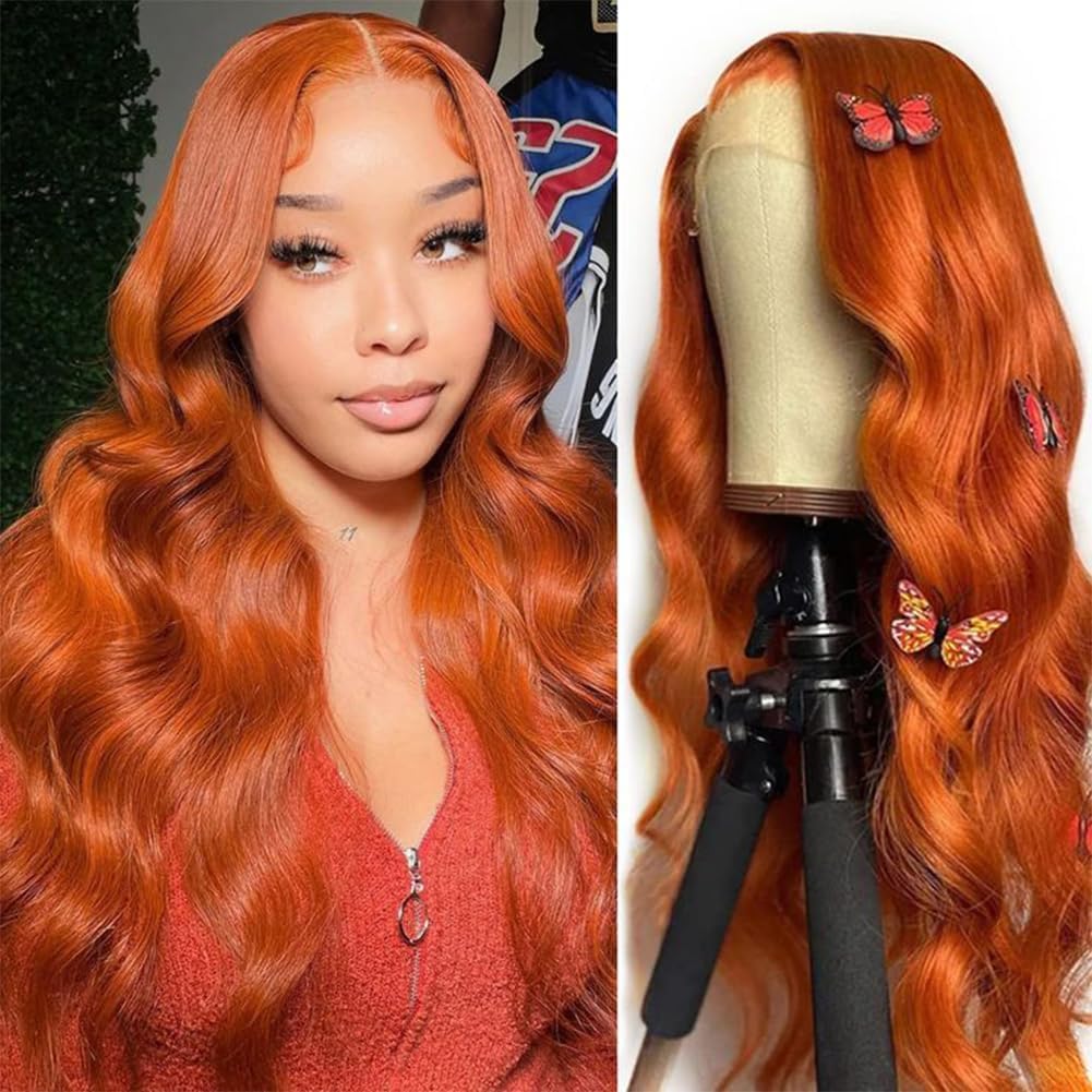 #350 Ginger Orange Lace Front Wigs Human Hair Body Wave 22 Inch 13x4 HD Transparent Ginger Lace Front Wigs Wear and Go Glueless Orange Wigs Human Hair