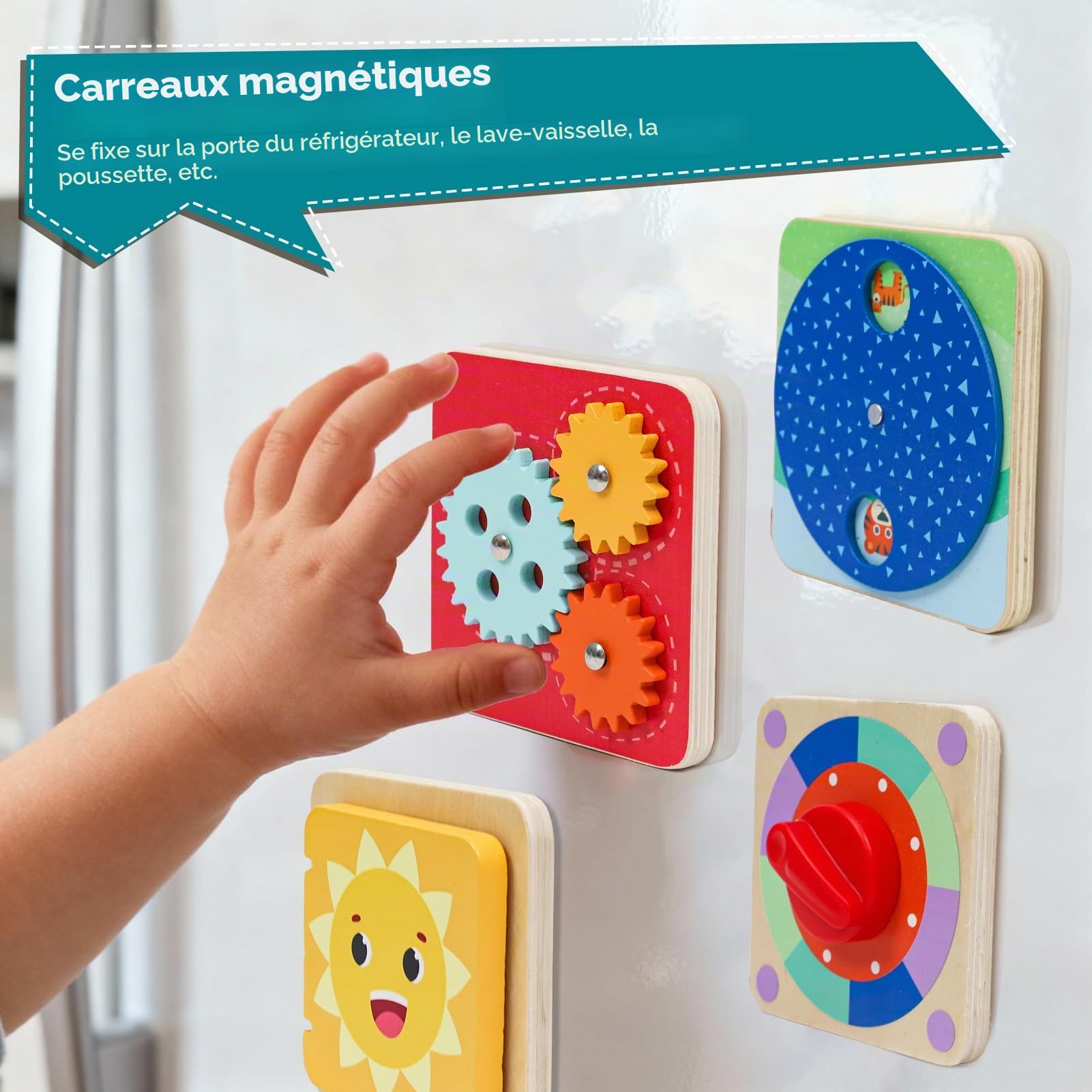 Wdmiya Tableau d'Activités Montessori pour Bébé, Jeu Sensoriel en Bois dès 1 an avec 6 Plaques Magnétiques | Jeu de Motricité Portable pour Voyage en Voiture, Cadeau d'anniversaire Garçon Fille