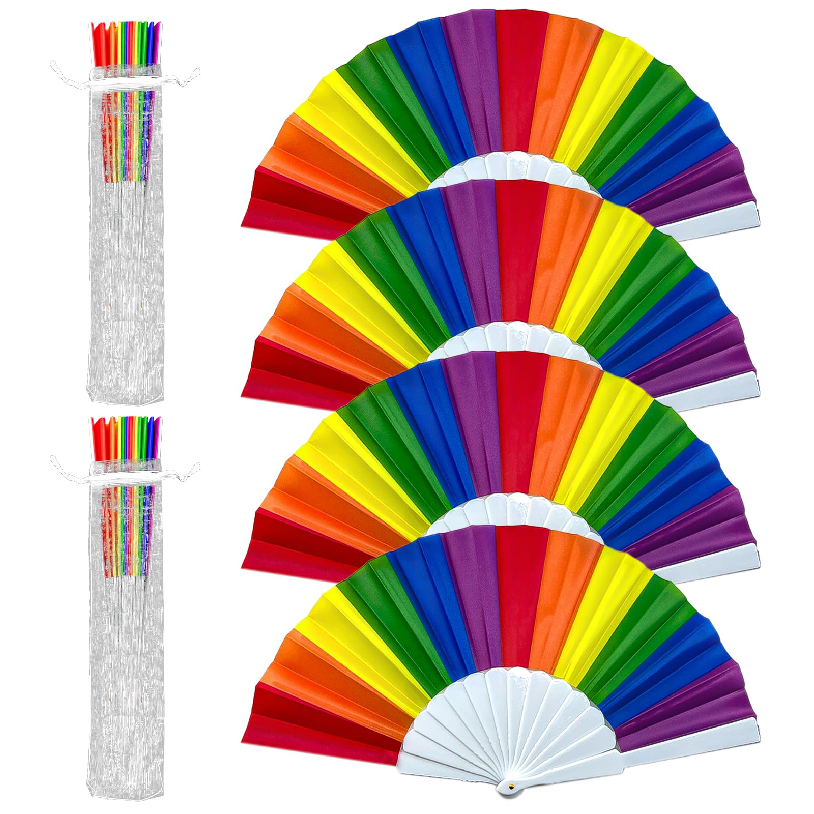 SCHYIDA 4 Piezas Abanicos Plegables Arcoíris Abanico de Tela para Decorar con Varillas de Plástico Abanicos Elegantes para Eventos Accesorios Decoractivos para Fiestas Bodas Comuniones Bailes Teatros