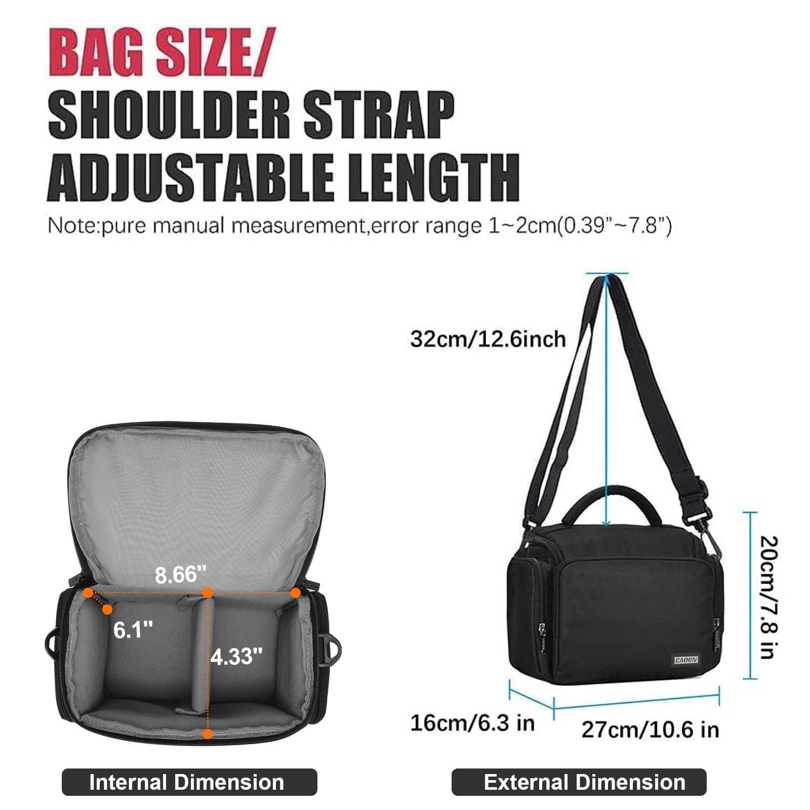 CADeN Sac à bandoulière en toile pour appareil photo avec insert amovible - Résistant aux chocs - Pour hommes et femmes (1.0 noir, L), Noir , L, Sac à dos