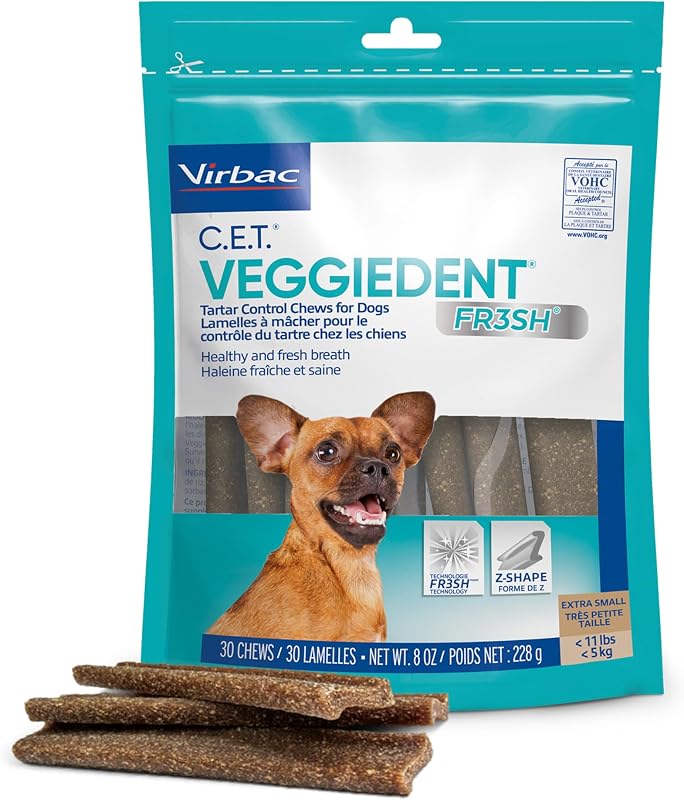 Virbac C.E.T. Veggiedent Fr3sh Plaque and Tartar Control Chews for Dogs, XS | Vet recommended dental chews, plant-based formula, supports canine digestive health, VOHC approved for plaque & tartar
