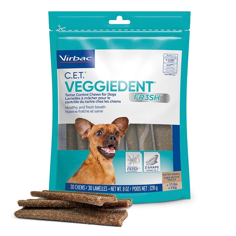Petisco mastigável dental para cães pequenos Virbac C.E.T. Veggiedent Fr3sh Veggie, até 5 kg, pacote com 30 unidades