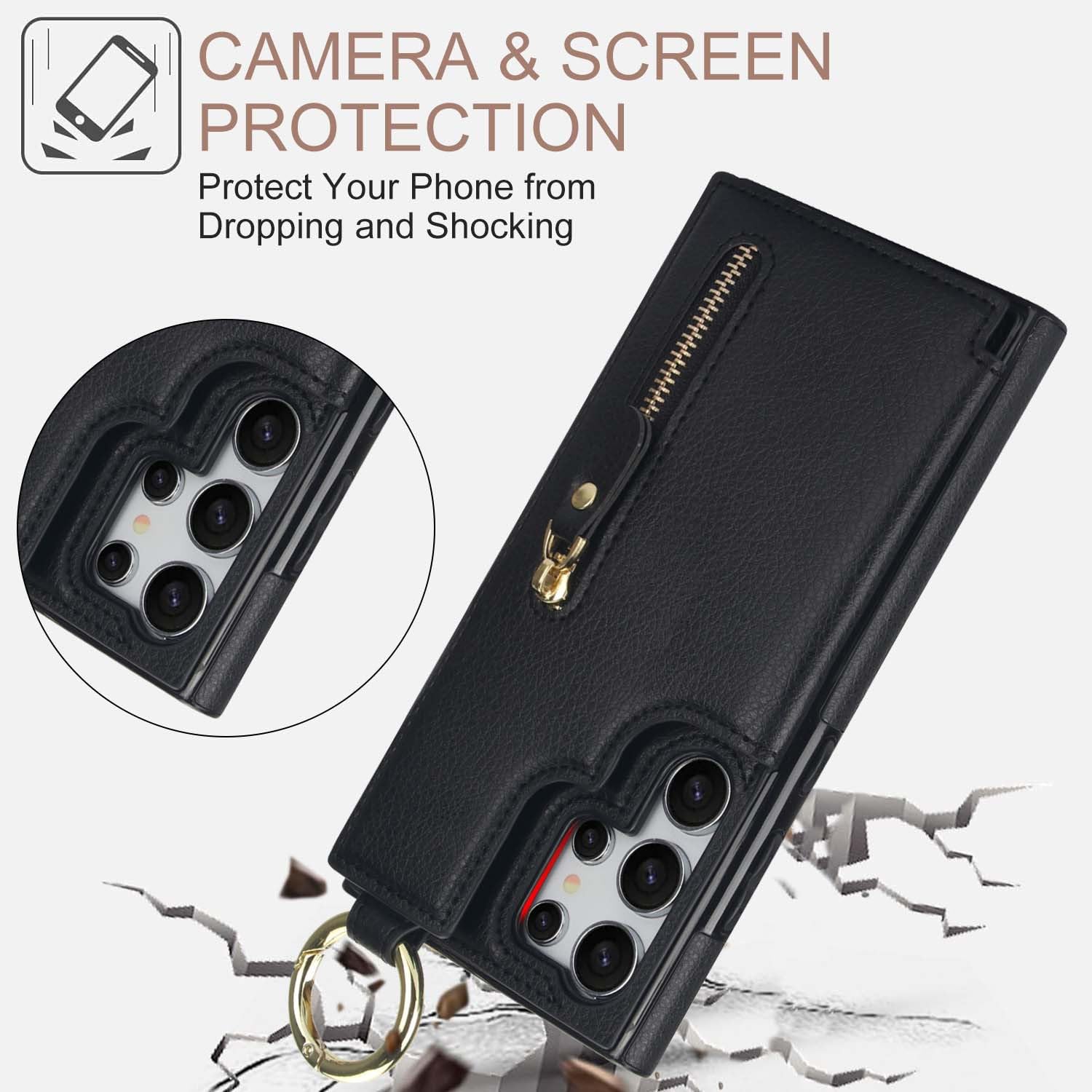 Skórzane etui do Samsung Galaxy S25 Ultra/S25 Plus/S25, faktura liczi gniazdo na kartę wąska osłona pierścień na palec powłoka zapobiegająca upadkowi, czarny, S25