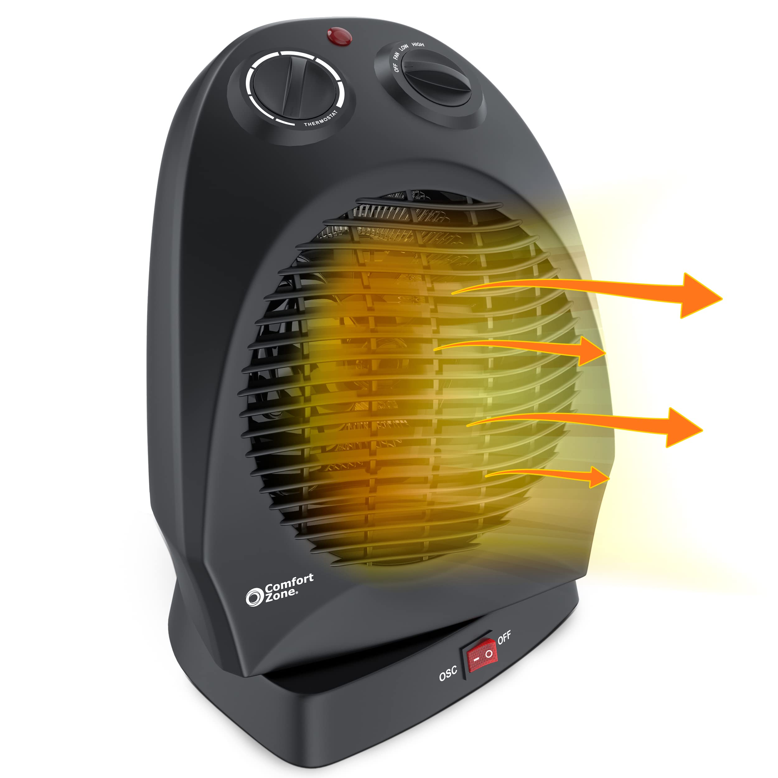 Comfort Zone Oscillating Space Heater with Adjustable Thermostat Desktop Fan-Forced Portable Overheat Sensor Tip-Over Switch Stay-Cool Housing Ideal