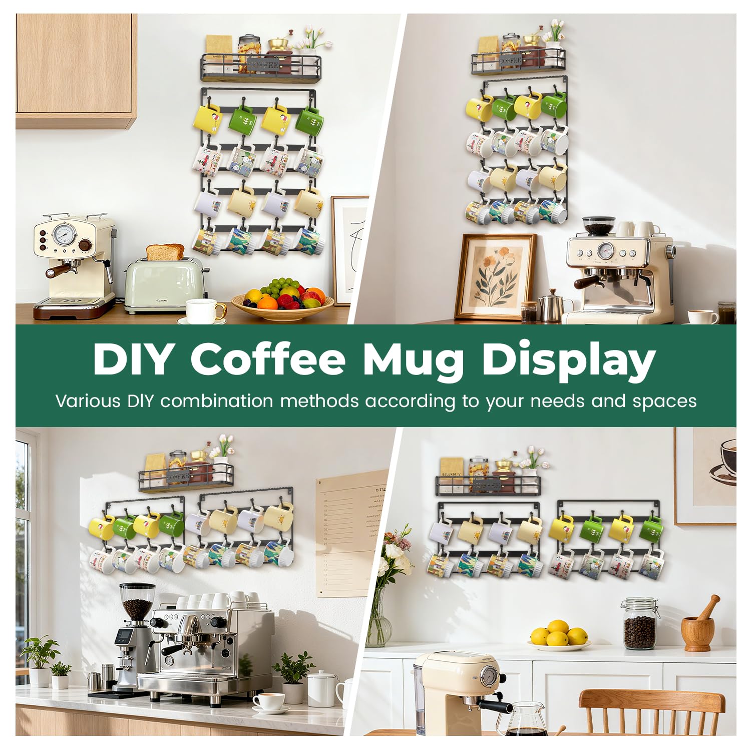 EsLucker.ly Tassenhalter Tassenständer Wand, Tassenregal Tassen Aufhanger Regal für die Wand, Kaffeetassen Regal, Tssenhalter Aufhängen, Platzsparendes Kaffeebar Zubehör, Ideal für Küchen