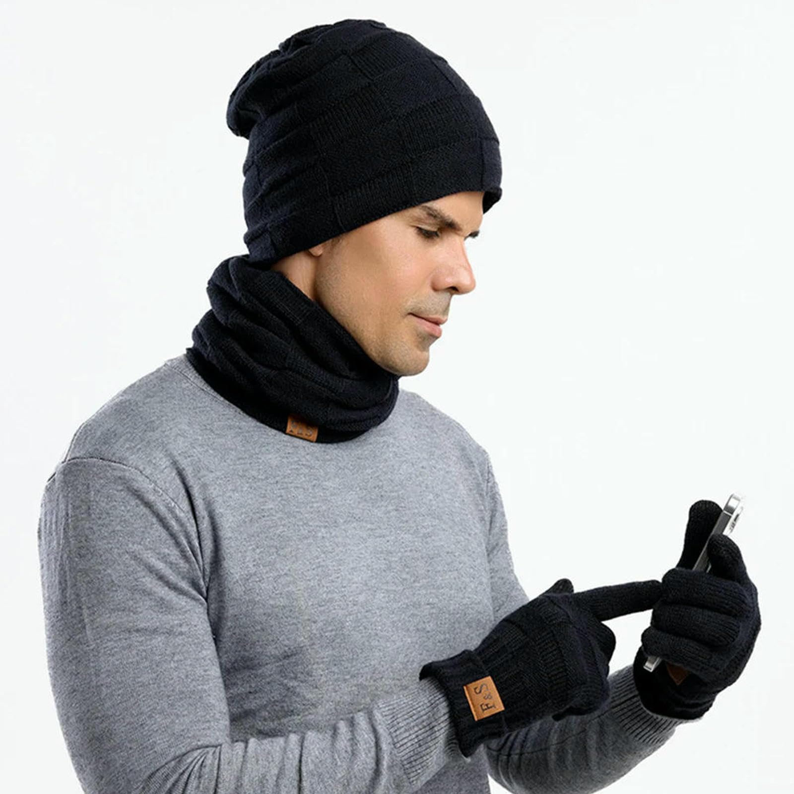 Mütze,Schal & Handschuh-Sets Warmes Set Aus Mütze, Schal Und Handschuhen Für Den Winter, Mit Thermo-Fleece Gefütterte Slouchy-Beanie-halstücher Herren, Handschuhe, 3-in-1-warmset-beige
