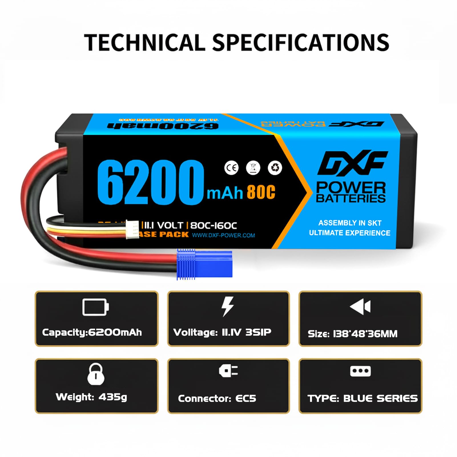DXF Batería LiPo 3S 11.1V 6200mAh 80C Conector EC5 para Coches RC 1/8 1/10, Paquete Recargable Alta Descarga, Buggy Truggy Monster Truck, Segura Duradera Competición Hobby Radiocontrol Potencia