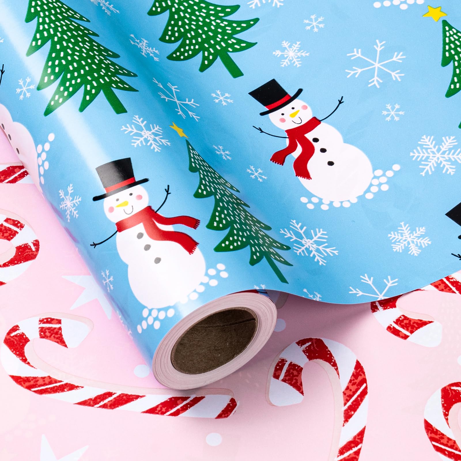 LeZakaa Reversible Christmas Wrapping Paper Roll - Snowman in Blue & Candy Cane in Pink for Christmas, Holiday, Party - 17 inches x 32.8 Feet (46.45 sq.ft.) โ image 1