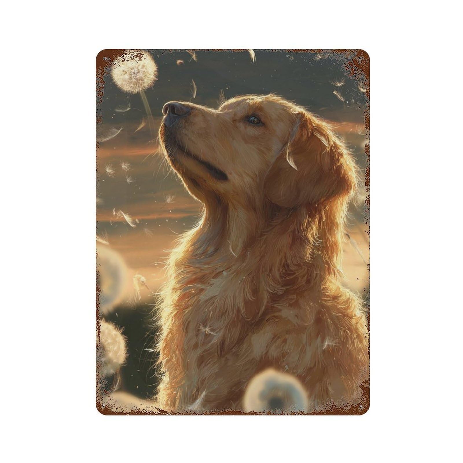 Vintage Rust Metal Sign Golden Retriever with Dandelions 15.7"x11.8", Industrial Home Decor for Farmhouse, Kitchen And Entryway Decor