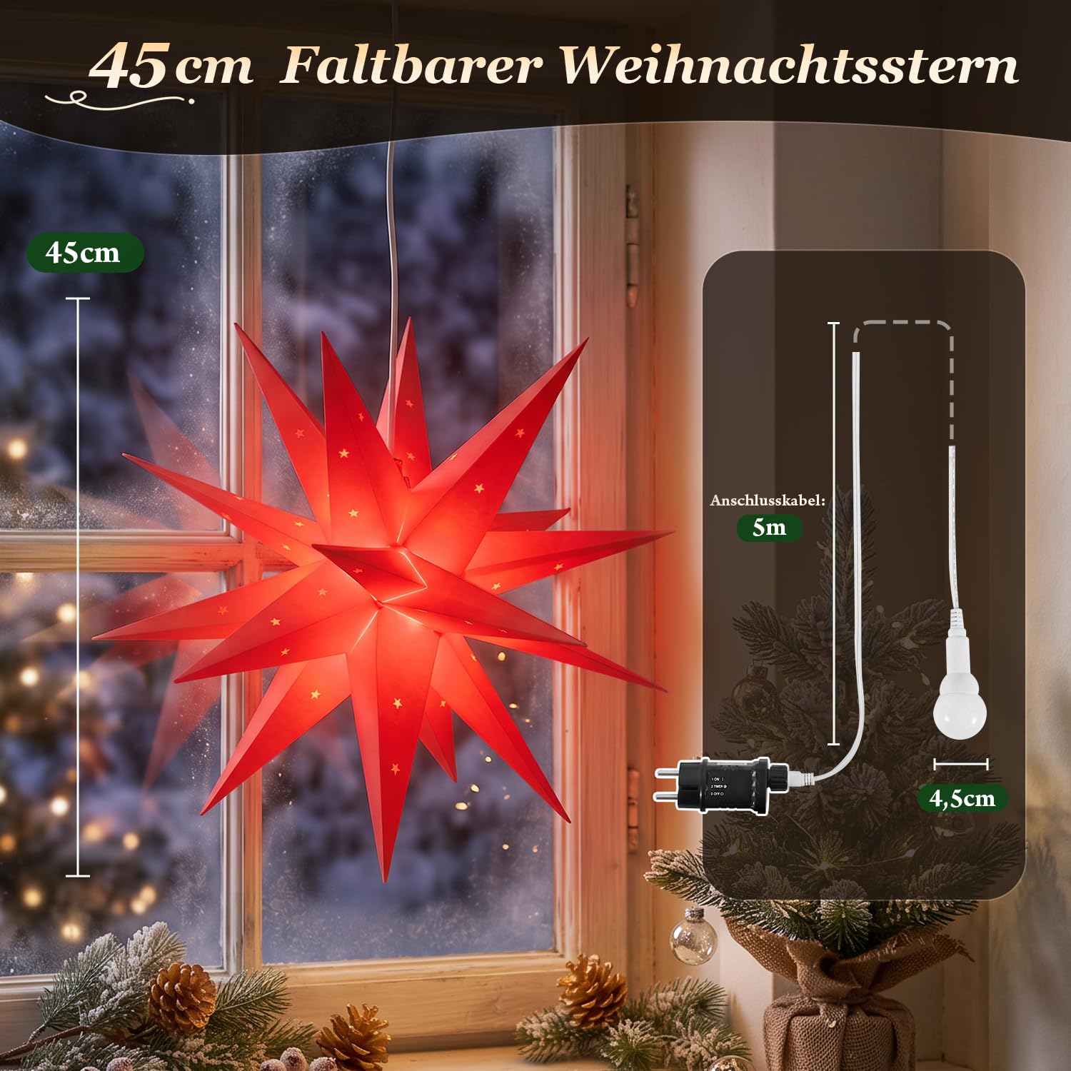 SALCAR 60cm 3D Leuchtstern Außen Weihnachten, LED Weihnachtsstern Beleuchtet Fenster, Adventsstern Innen Weihnachtsdeko Hängend, Rot Beleuchtung