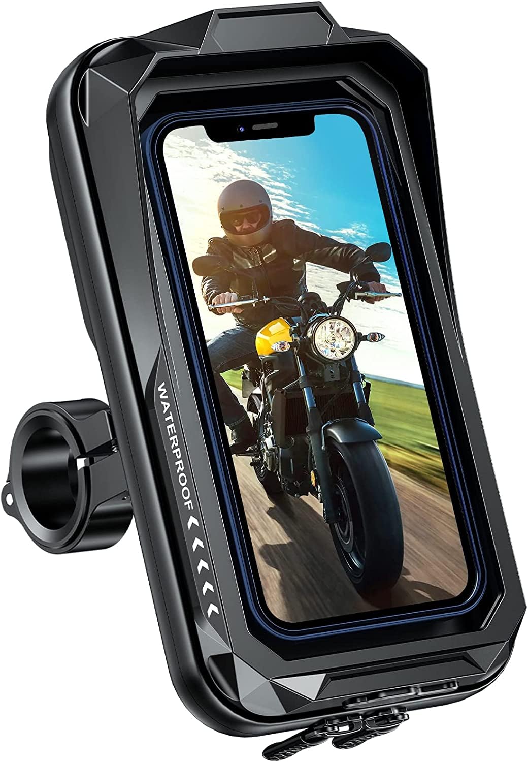 Motorcycle Phone Mount Waterproof 360° Rotatable Motorbike Phone Holder with Touch Screen Sun Visor Anti-Shake Motorcycle Mirror Phone Holder Moped Phone Mount for Phone up to 7.0'' (Black)