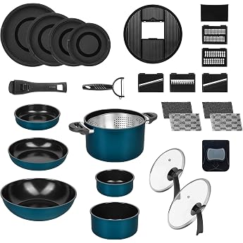 Genius Kelton 31-Piece Pan Set, Cookware with Lid and Removable Handles, Includes Clia Genie Foam Sponges, Non-Stick Pans Pot