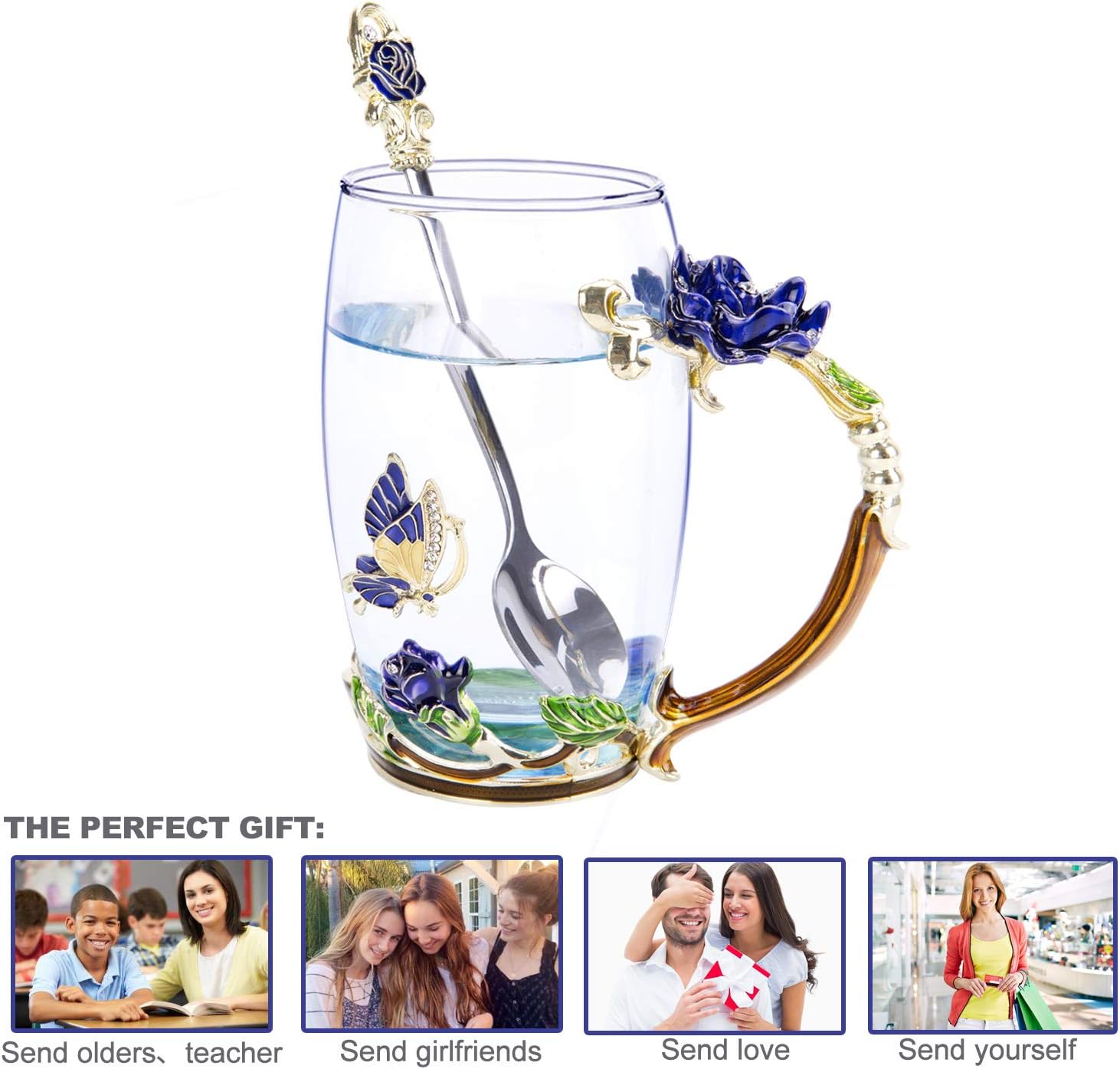 Novelty Butterfly Flower Enamel Glass Tea Cup with Spoon Set & Gifts Box for Birthday/Father's Day Mothers Day/Valentines Day/Wedding/Christmas Day Gift (12 oz)