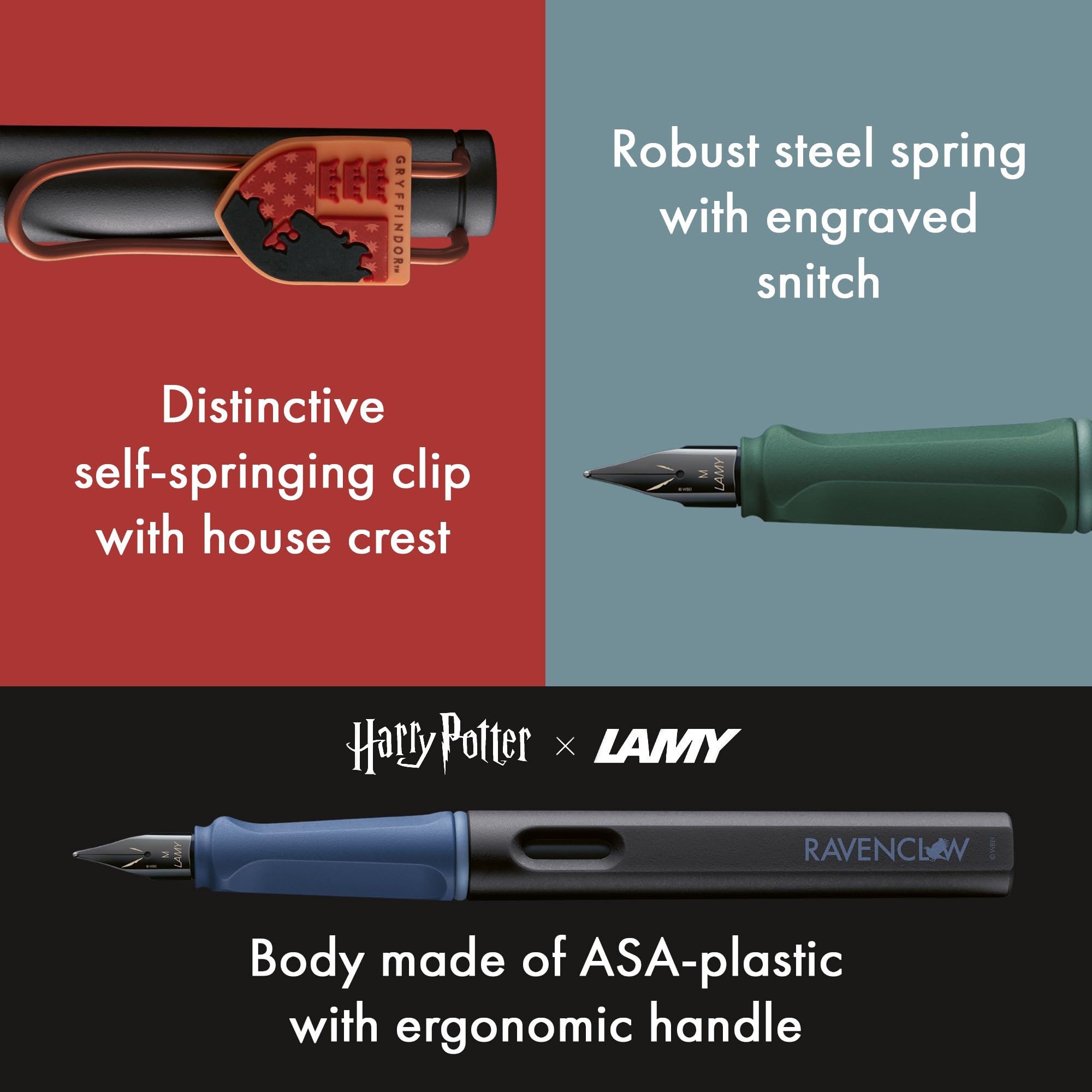 Lamy safari Harry Potter Set de 4 plumas – Edición especial con escudos de las casas – Plumines de acero (M) – Agarre ergonómico – Incluye cartuchos de tinta T10 azul – Para diestros