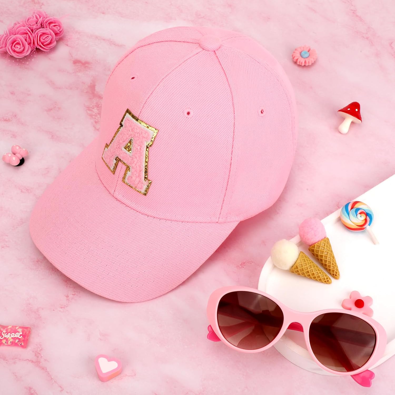 Girls Baseball Cap Sunglasses Set, Embroidered Letter Trucker Hat Kids Sunglasses Adjustable Sun Hat, Cute Toddler Cap for Girls Ages 3-10, Summer Accessories for Travel Beach Sports Pink