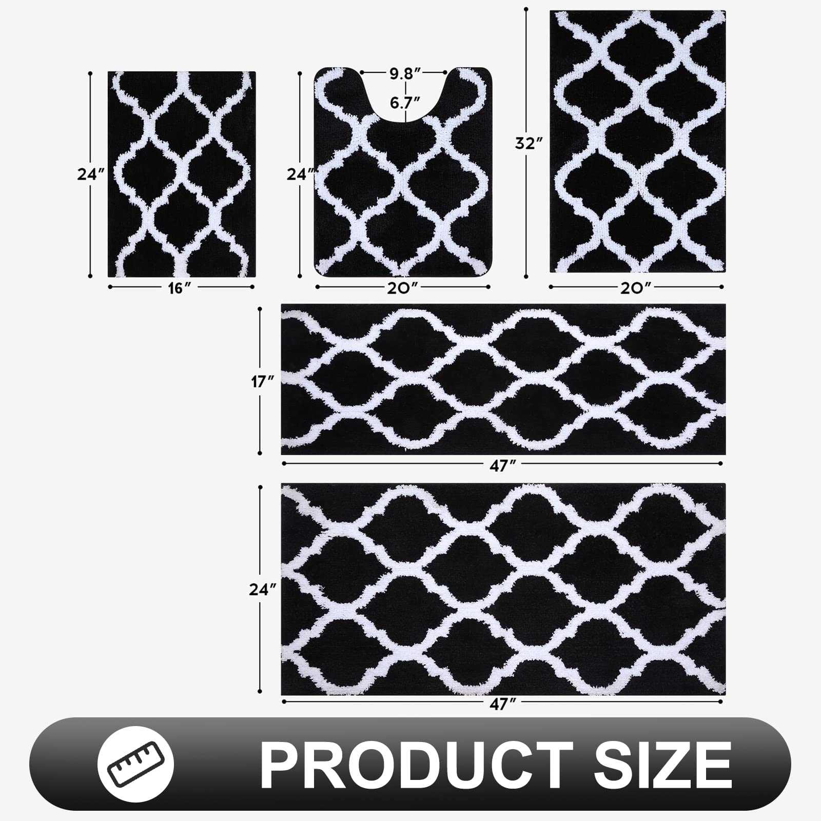 OLANLY Bathroom Rugs, Soft and Absorbent Microfiber Bath Rugs, Non-Slip Shaggy Shower Carpet, Machine Wash Dry, Bath Mats for Bathroom Floor, Tub and Shower, 59x24, Black