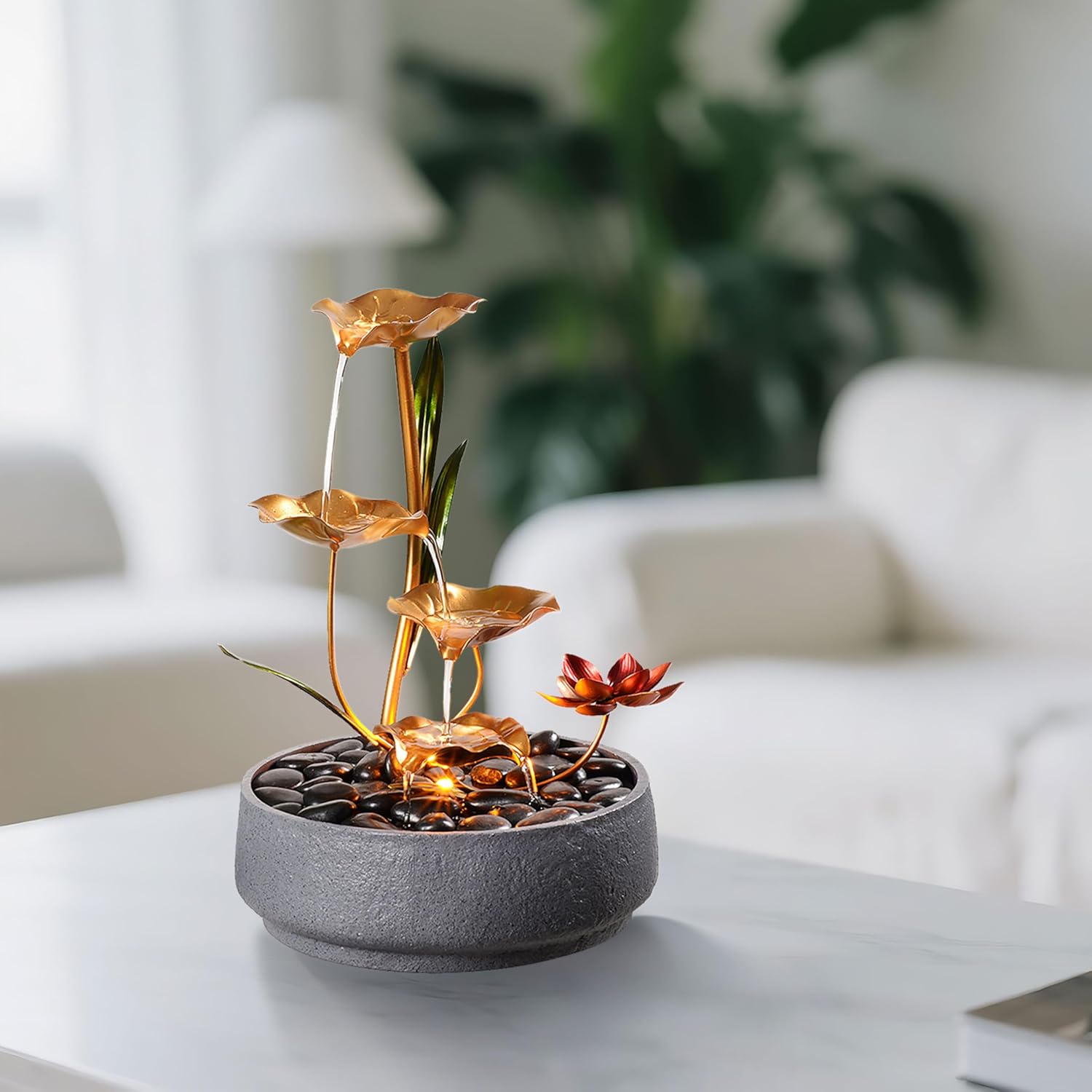 Indoor Tabletop Fountain Exquisite Meditation Desk Water Fountain Decorative Zen,4-Tier Lotus Desk Fountain,Home/Office Decor Housewarming Gift for Mom（23154）