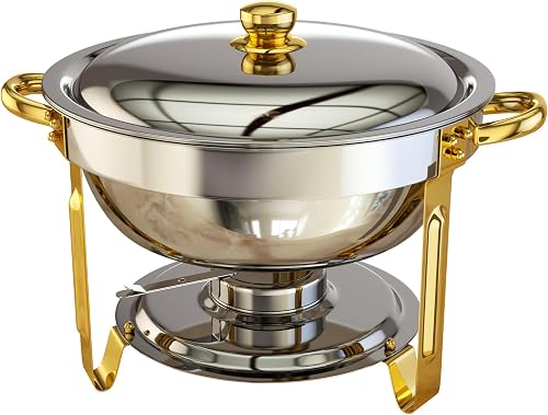 Chafing Dishes for Buffet, 1 Pack 5QT Round Chafing Dish Buffet Set [Elegant Gold and Silver Colors] Stainless Steel Buffet Servers and Warmers for Catering Events Parties Dinners with Complete Set