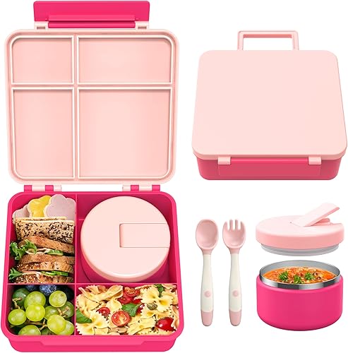 Miniatura 8 de Lonchera Bento con termo de sopa de 8 onzas, recipientes de almuerzo a prueba de fugas con 4 compartimentos, tarro térmico para comida caliente y