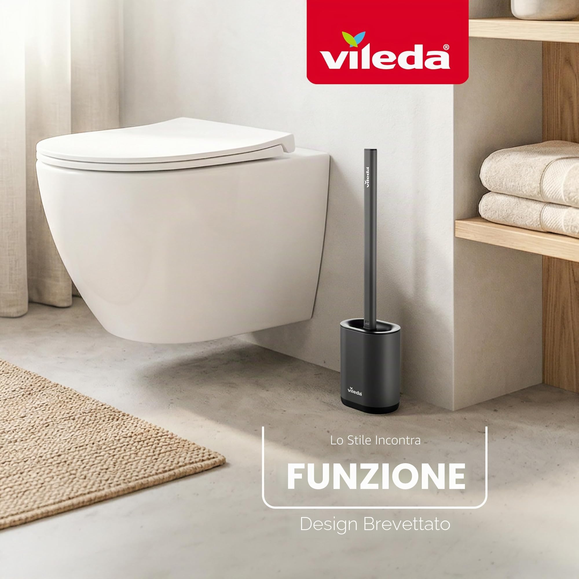 Vileda Scopino WC in Silicone con Supporto da Parete – Spazzola Bagno con Testa Flessibile e Manico in Acciaio Inox – 2 Zone di Pulizia, Asciugatura Rapida, Igienico, Grigio