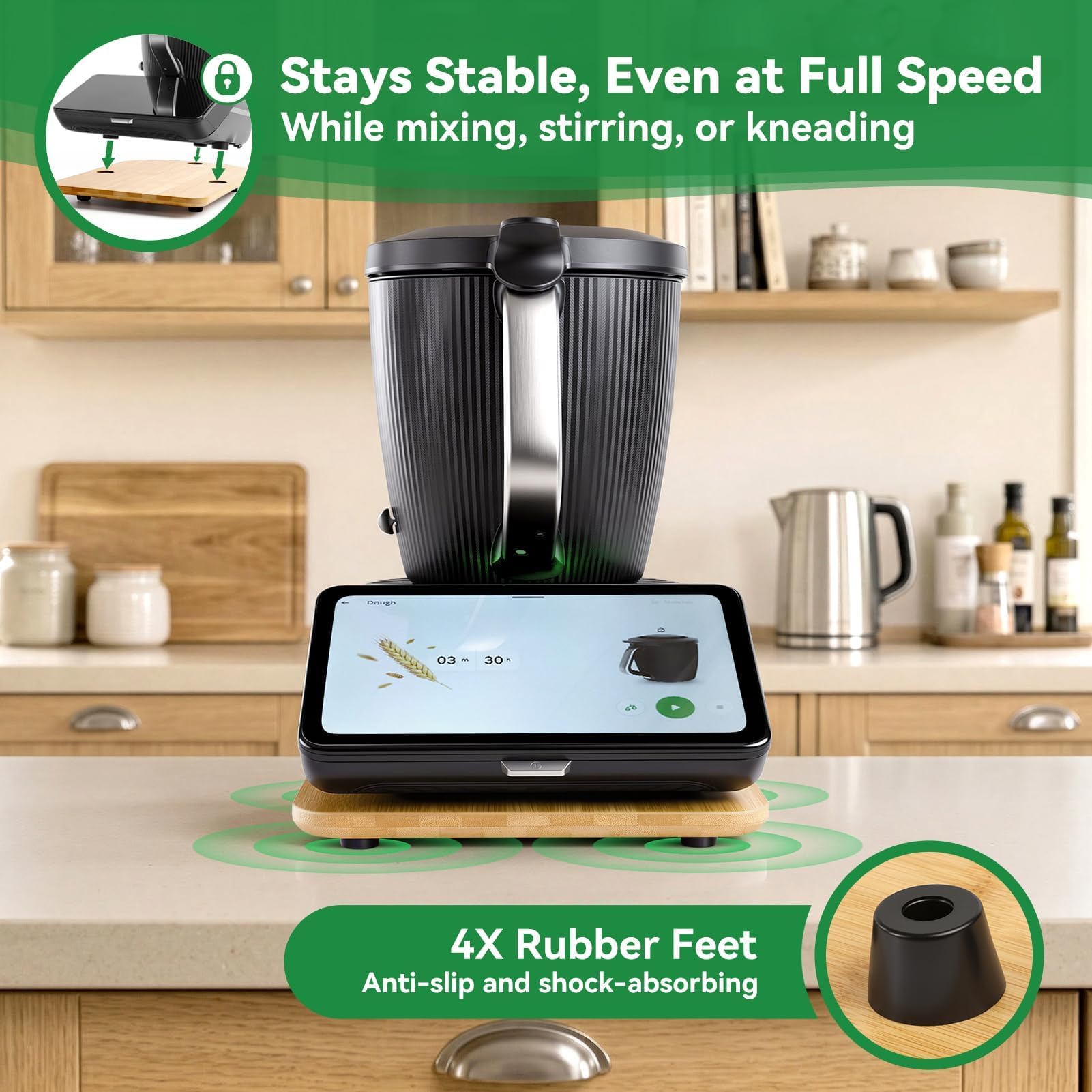 Deska Ślizgowa do Thermomix TM7 z 3 Wycięciami na Chwyt, Deska do Thermomix z Kółkami z Bambusa 15 mm, Stabilna Podstawka Przesuwna na Blat Kuchenny Łatwa w Przesuwaniu, Bambus