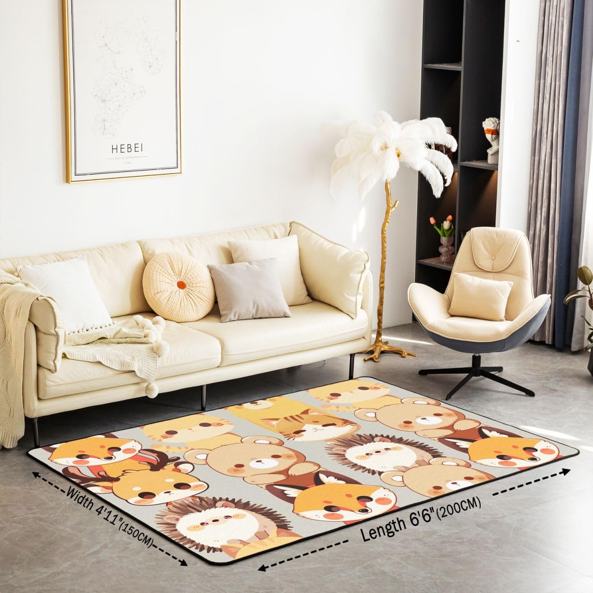 Kawaiis dywan do salonu, ze zwierzętami, 150 x 200 cm, motyw kota, lis, niedźwiedź, jeleń, jeż, do sypialni, dywan dla chłopców i dziewczynek, z kreskówki, dzikie zwierzęta, mata podłogowa
