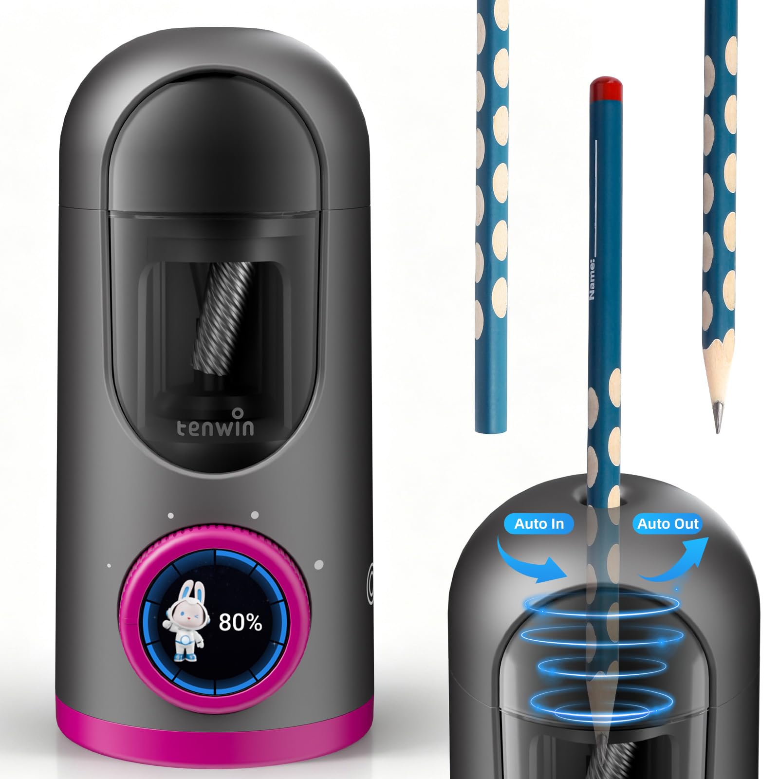 tenwin Vollautomatischer elektrischer Bleistiftspitzer, schnelles Spitzen von 7–12 mm Bleistiften und Buntstiften, wiederaufladbar mit LCD-Display, ideal für zu Hause, im Büro und in der Schule (grau)
