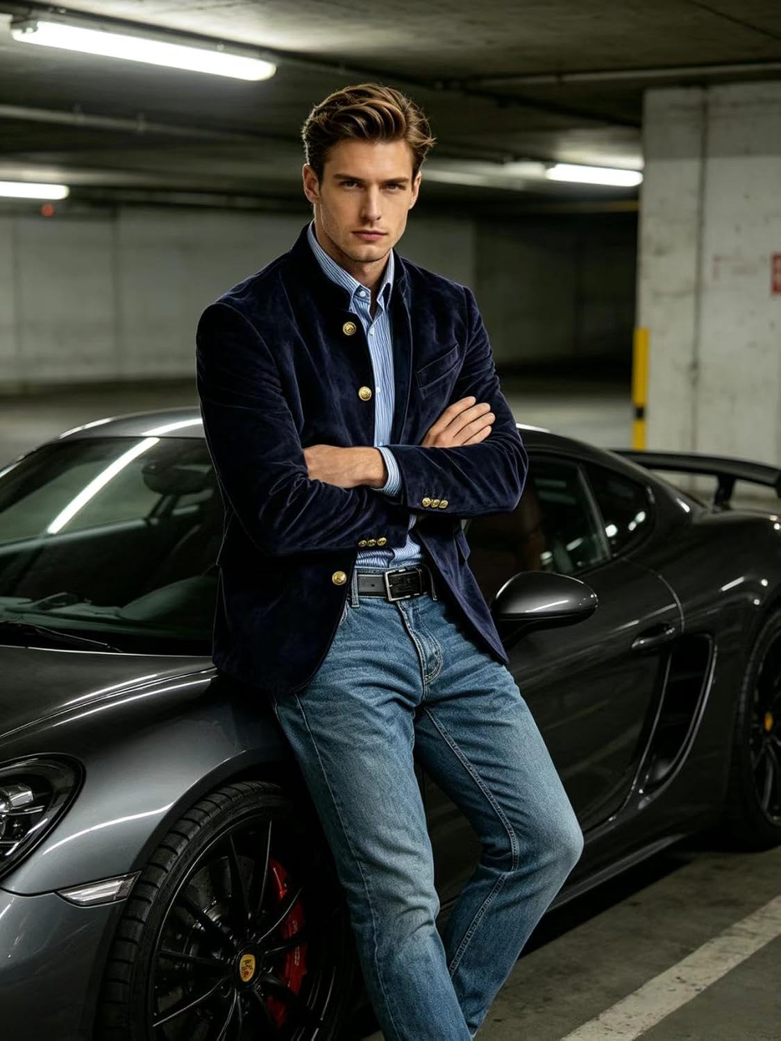 Men's Suede Blazer Stand Collar Slim Fit Vintage Sport Coat with Gold Buttons Business Casual Jacket