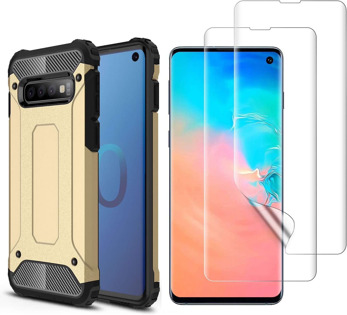 XIFAN Case for Samsung Galaxy S10 [Heavy Duty] Armor, Tough Hard Protective Cover Shockproof Dual Layer Armor, Gold + 2 PACK Screen Protector [No Affect on Fingerprint Sacnner]
