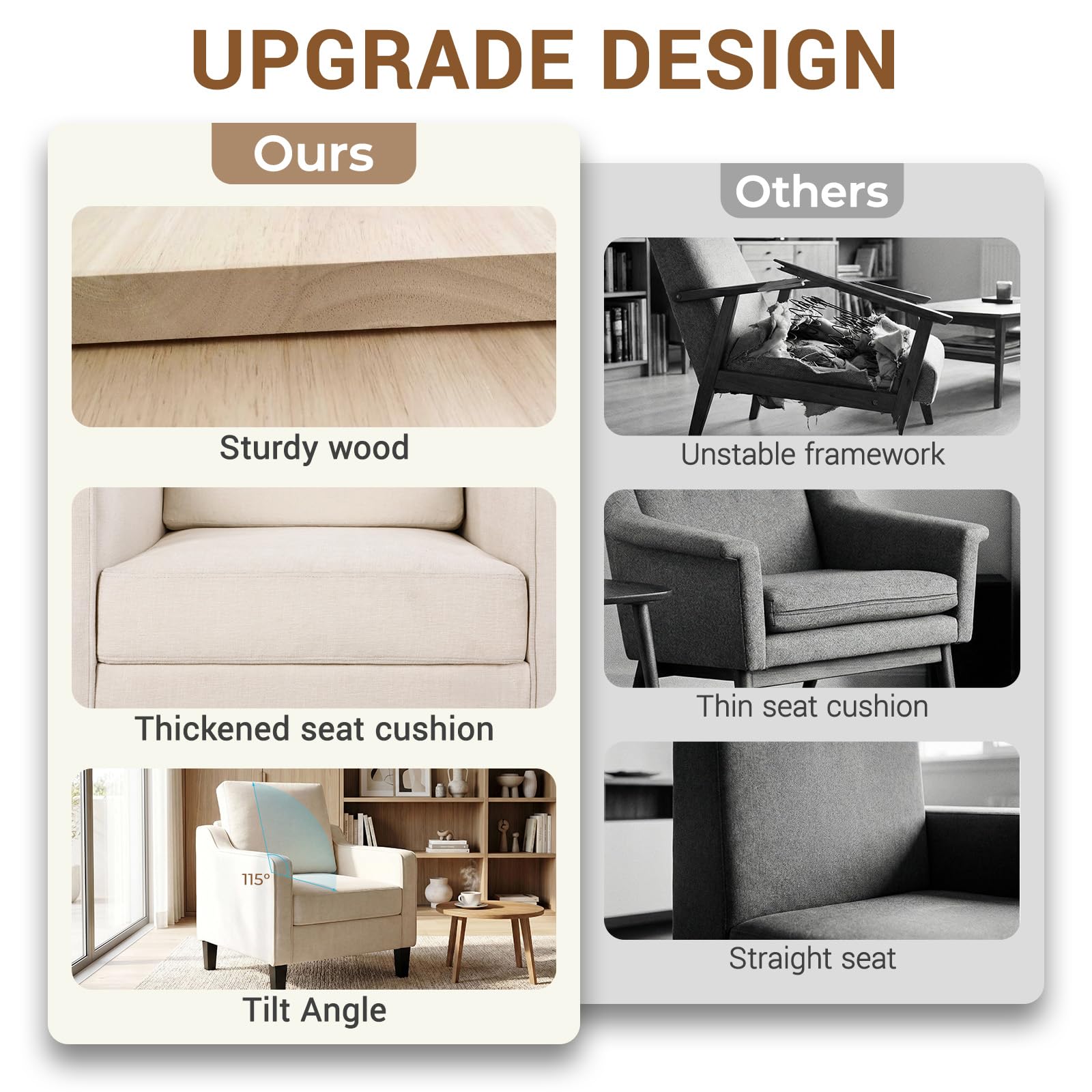 Clevich Sessel Gepolstert, Loungesessel aus Chenille, Mid-Century-Akzentstuhl, Polstersessel mit Armlehnen, Ohrensessel für Schlafzimmer, Fernsehsessel für Wohnzimmer, Komfort (1pc, Beige)