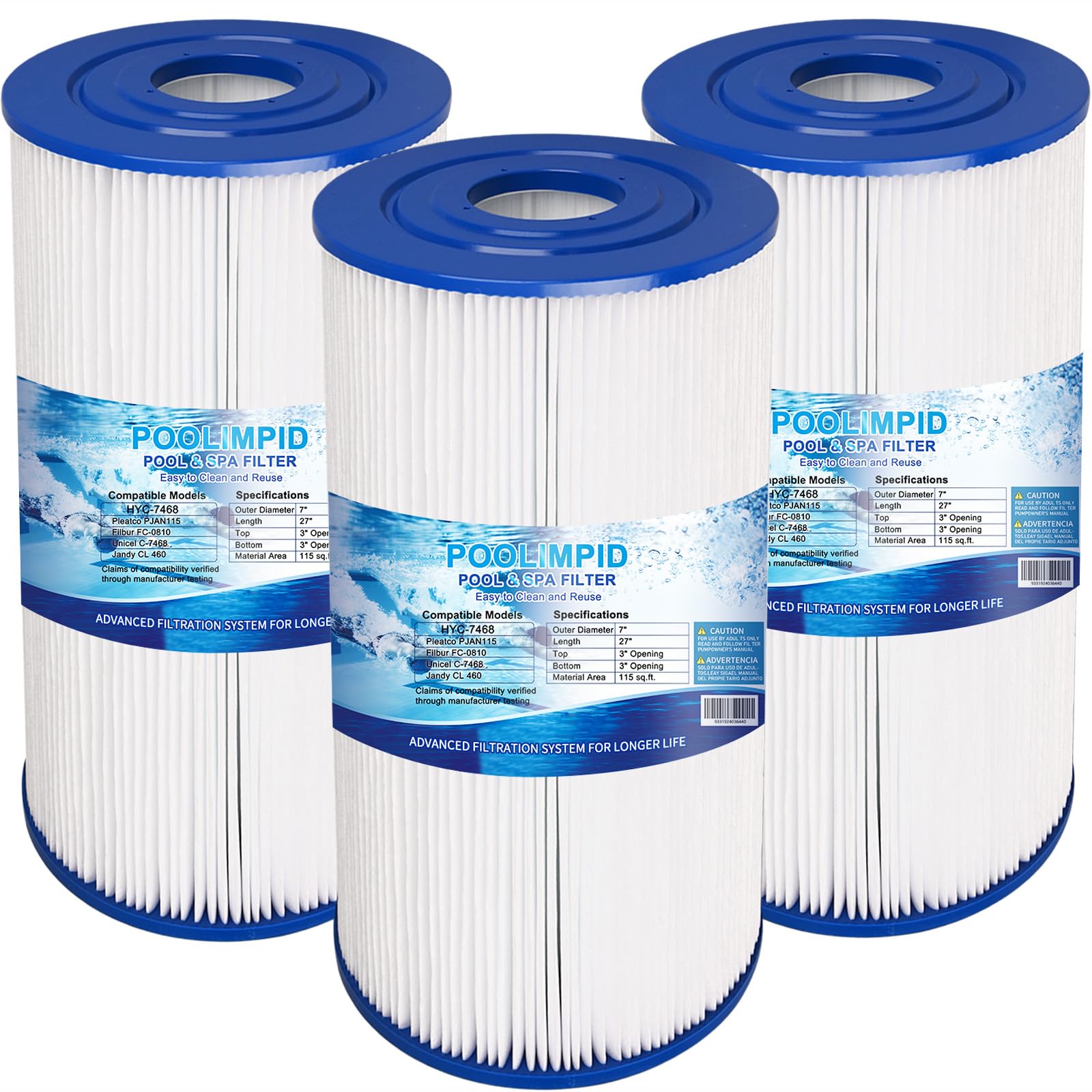 Poolimpid C-6430 Spa Filter Compatible with Watkins 31489, PWK30, FC-3915, P/N0969601, 71825, 73178, 73250, Hot Springs Spa Filters 30 sq.ft. 3 Pack