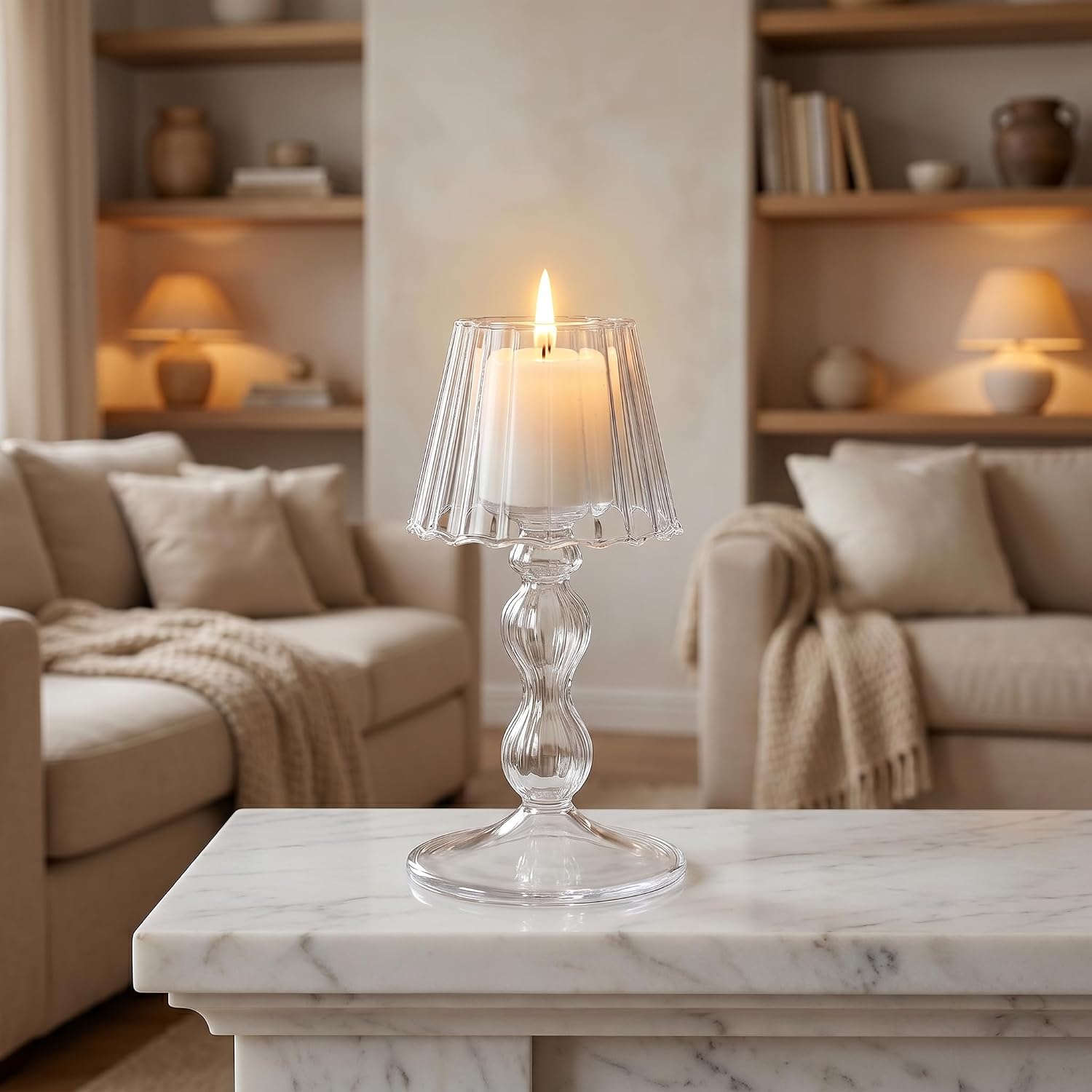 Glass Candle Holder Sets of 2, Vintage Table Lamp Shape Tea Light Holders for Wedding Centerpieces, Tall Hurricane Candle Stand for Dining Table, Tealight Lamp for Home Decor